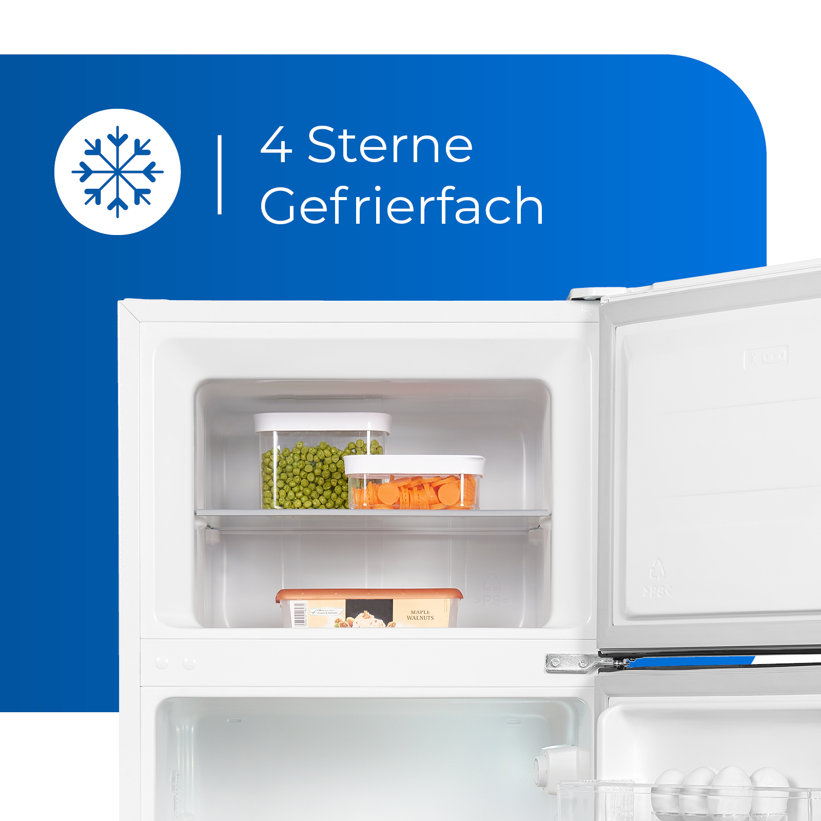 Refrigerador blanco abierto que muestra contenedores de comida adentro.