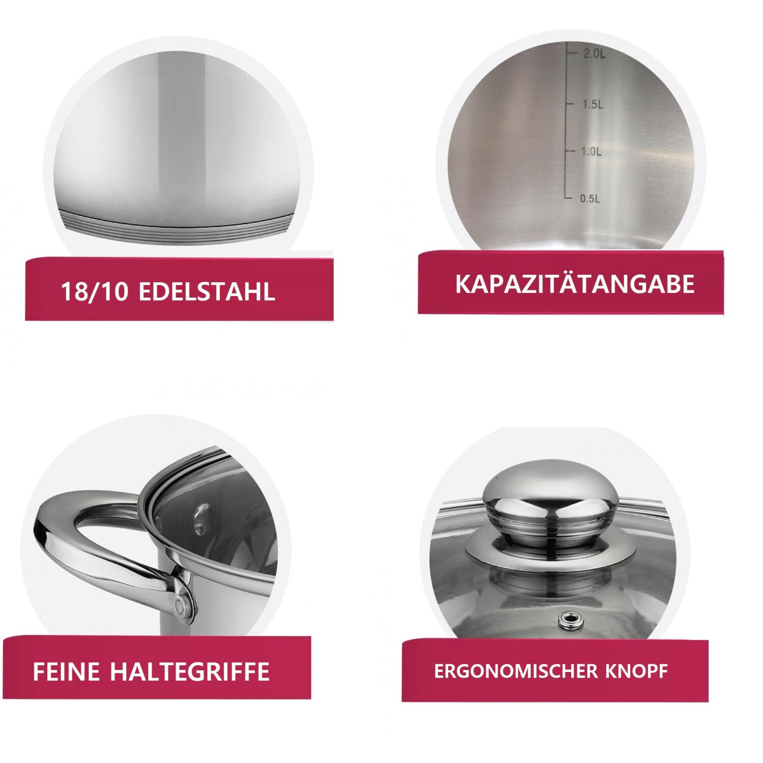 Edelstahltopf mit Details von Topf, Deckel und Griff. Zeigt Informationen zur Kapazität.