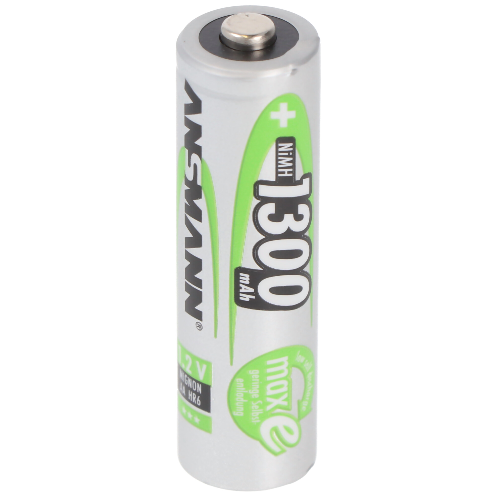 Silver AA battery with green and white labels. 