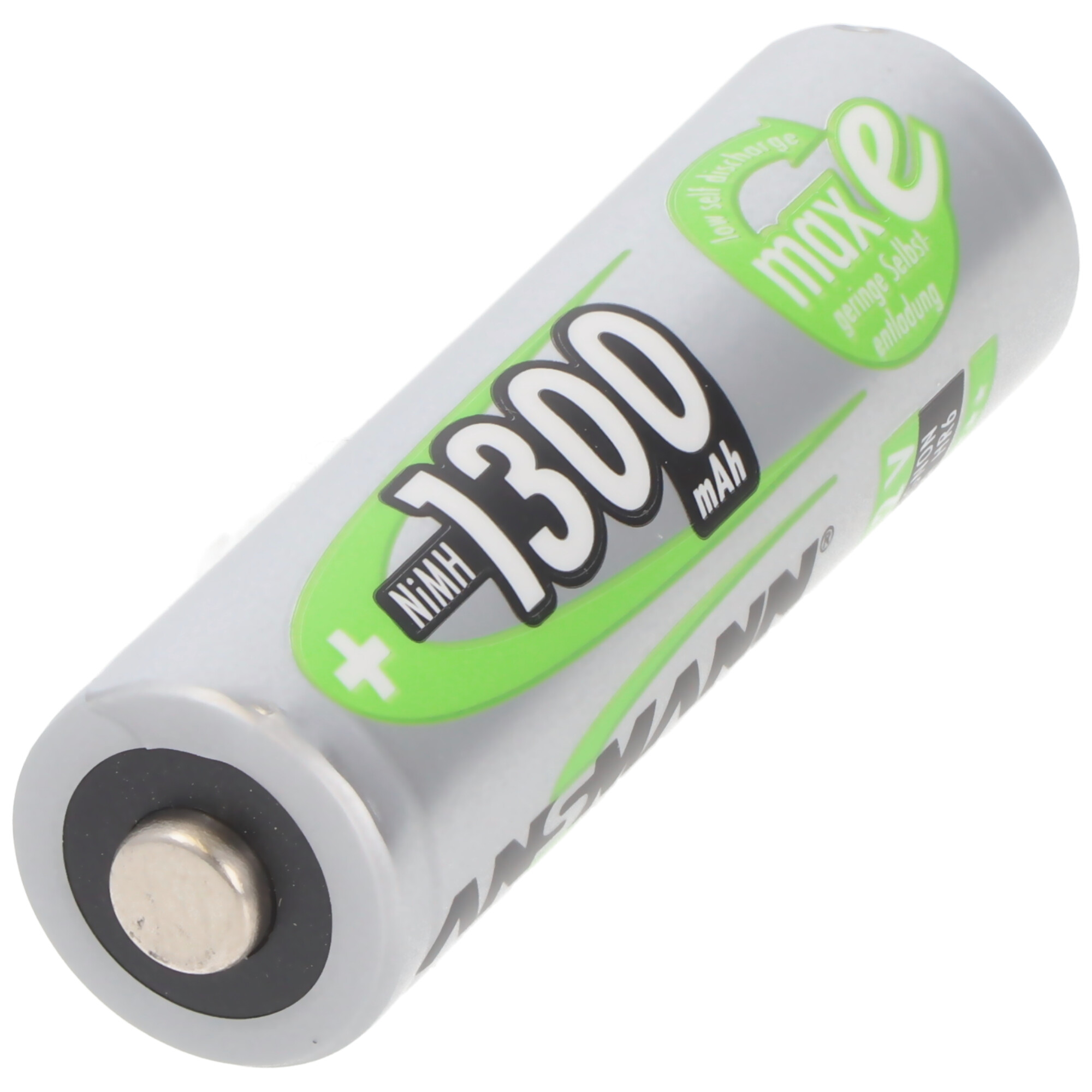 A silver AA battery with green and white labels, showing the mAh value.