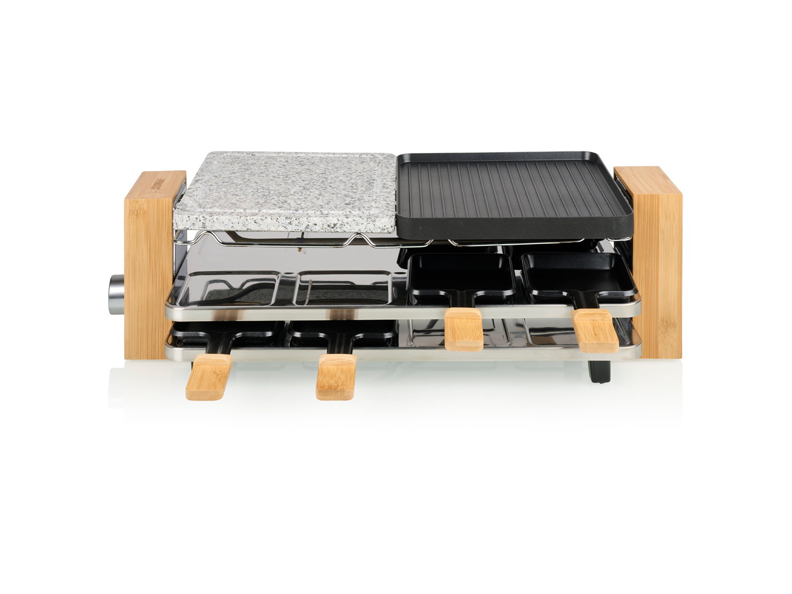 Ein Raclette-Grill mit Steinplatte und Grillplatte. Mit Holzgriffen und Edelstahlrahmen.