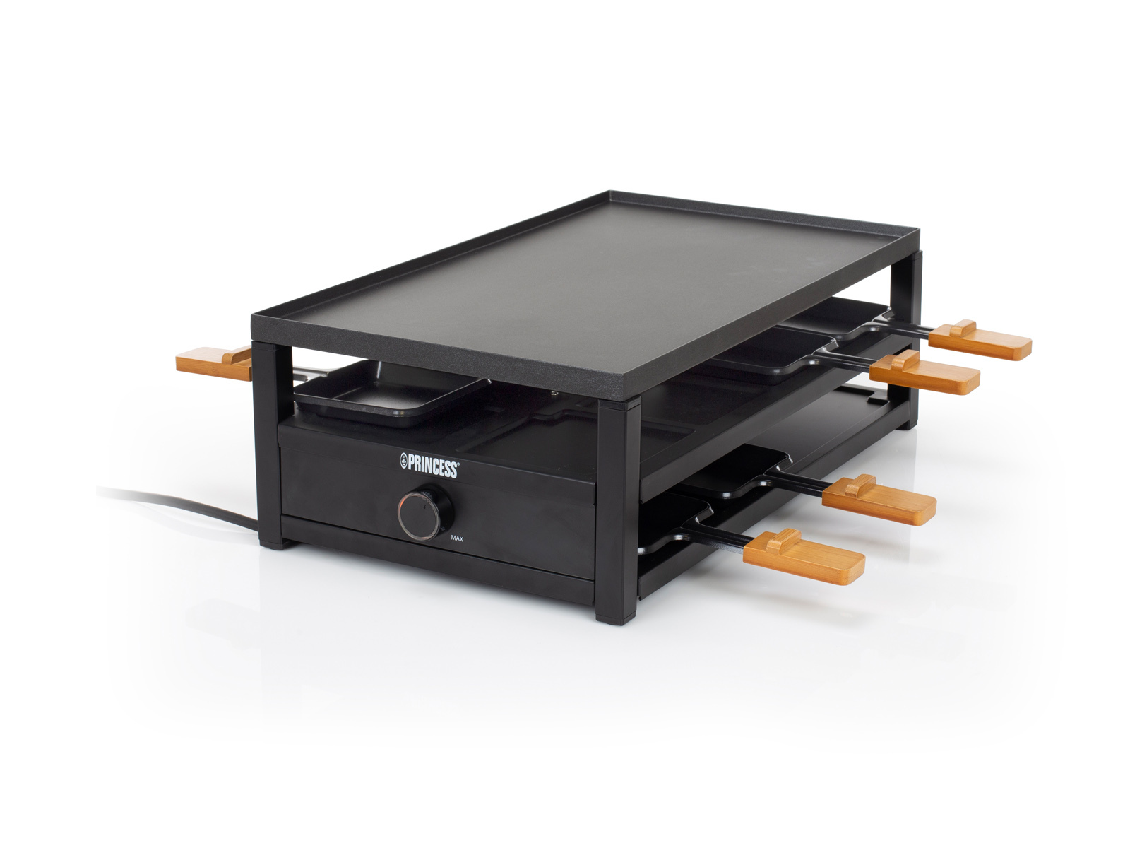 Grill do raclette z trzema tacami i patelnią. Czarny z drewnianymi uchwytami.