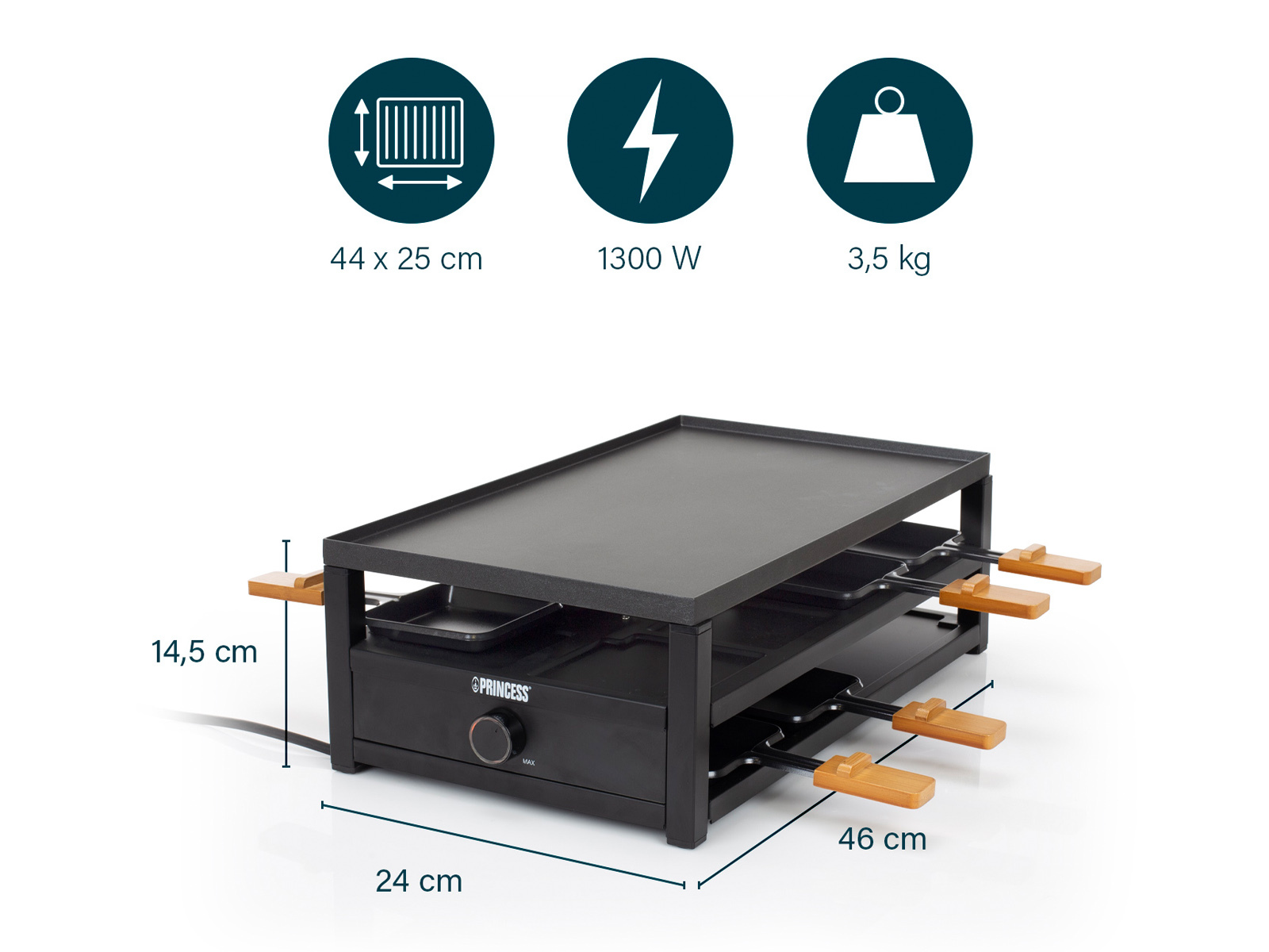 Czarny grill do raclette z górnym grillem i patelniami. Posiada wymiary i moc.