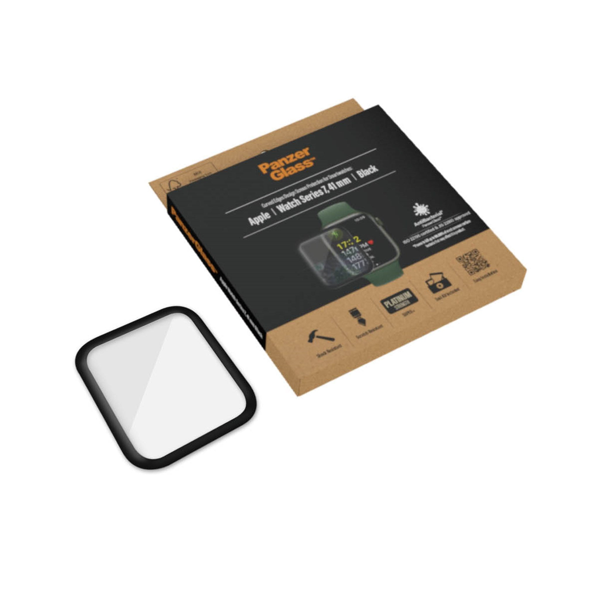 Ein Displayschutz für eine Apple Watch. Es befindet sich in einer Schachtel auf weißem Hintergrund.