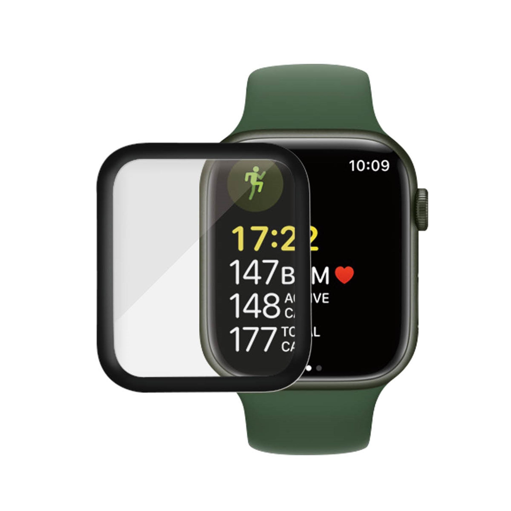 Smartwatch mit grünem Armband, eine Displayschutzfolie ist daneben abgebildet.