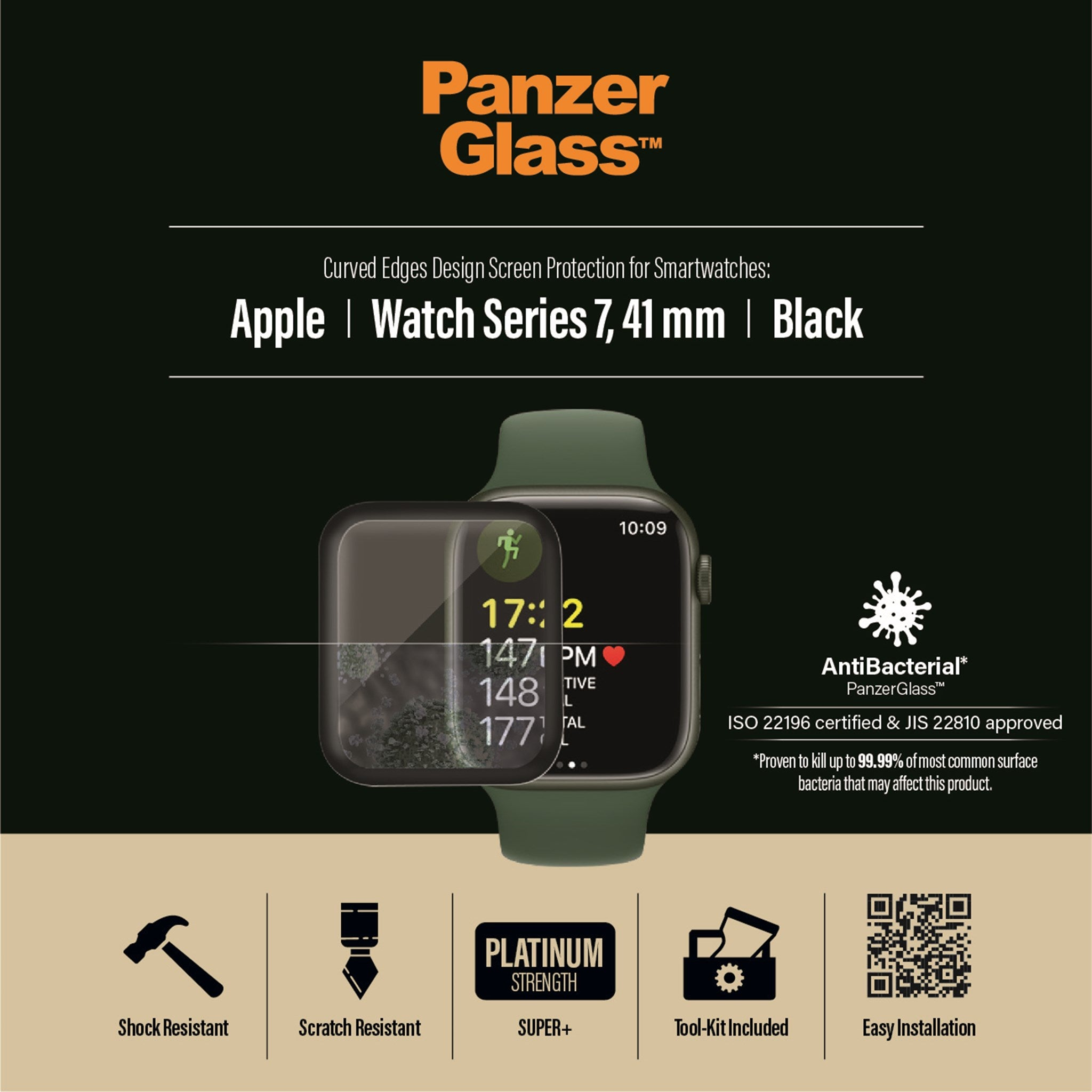 Grüne Apple Watch mit Displayschutz, Textüberlagerung und Symbolen vor schwarzem Hintergrund.