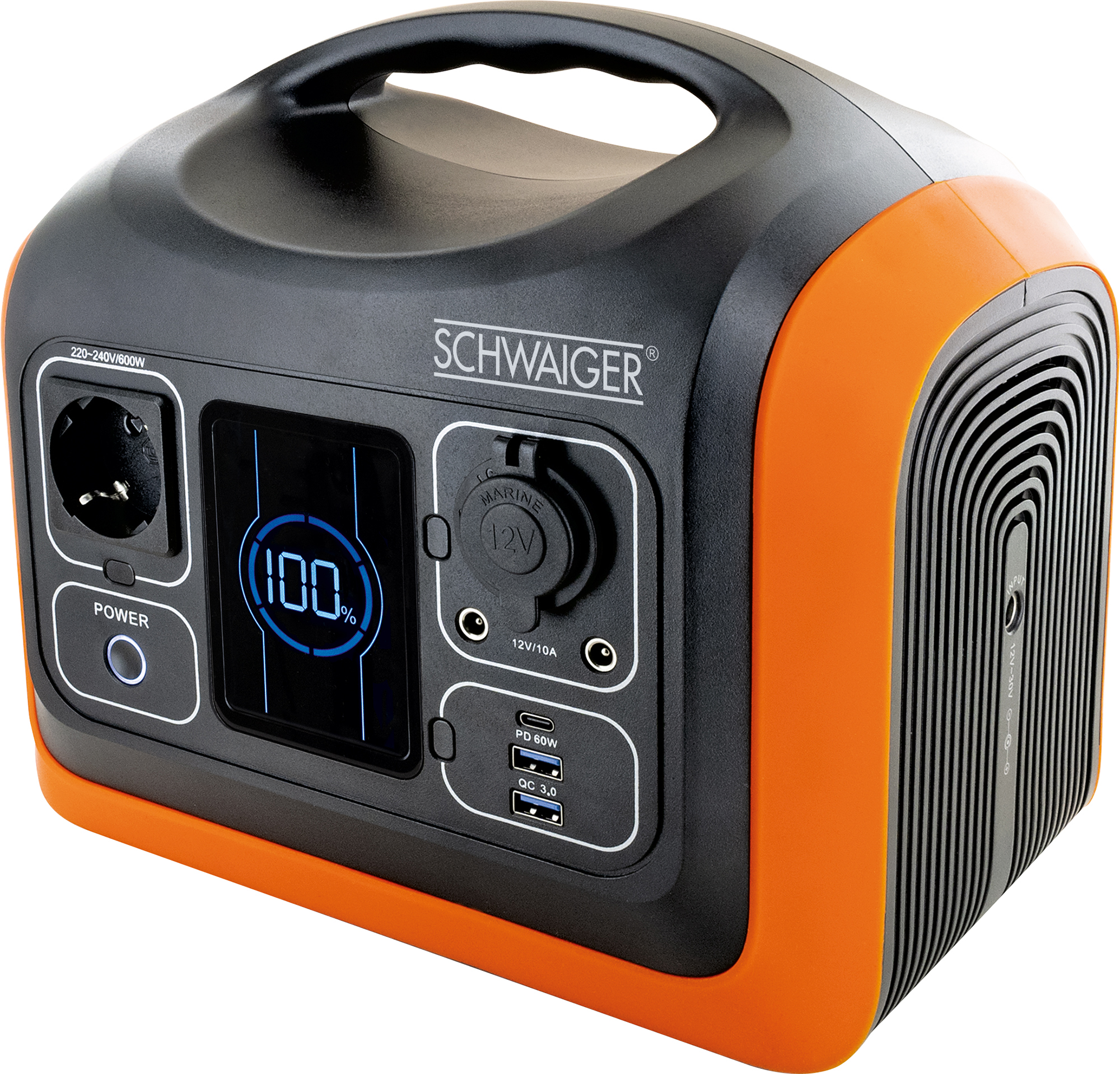 Eine orangefarbene und schwarze tragbare Stromstation mit Display, Steckdosen und USB-Anschlüssen.