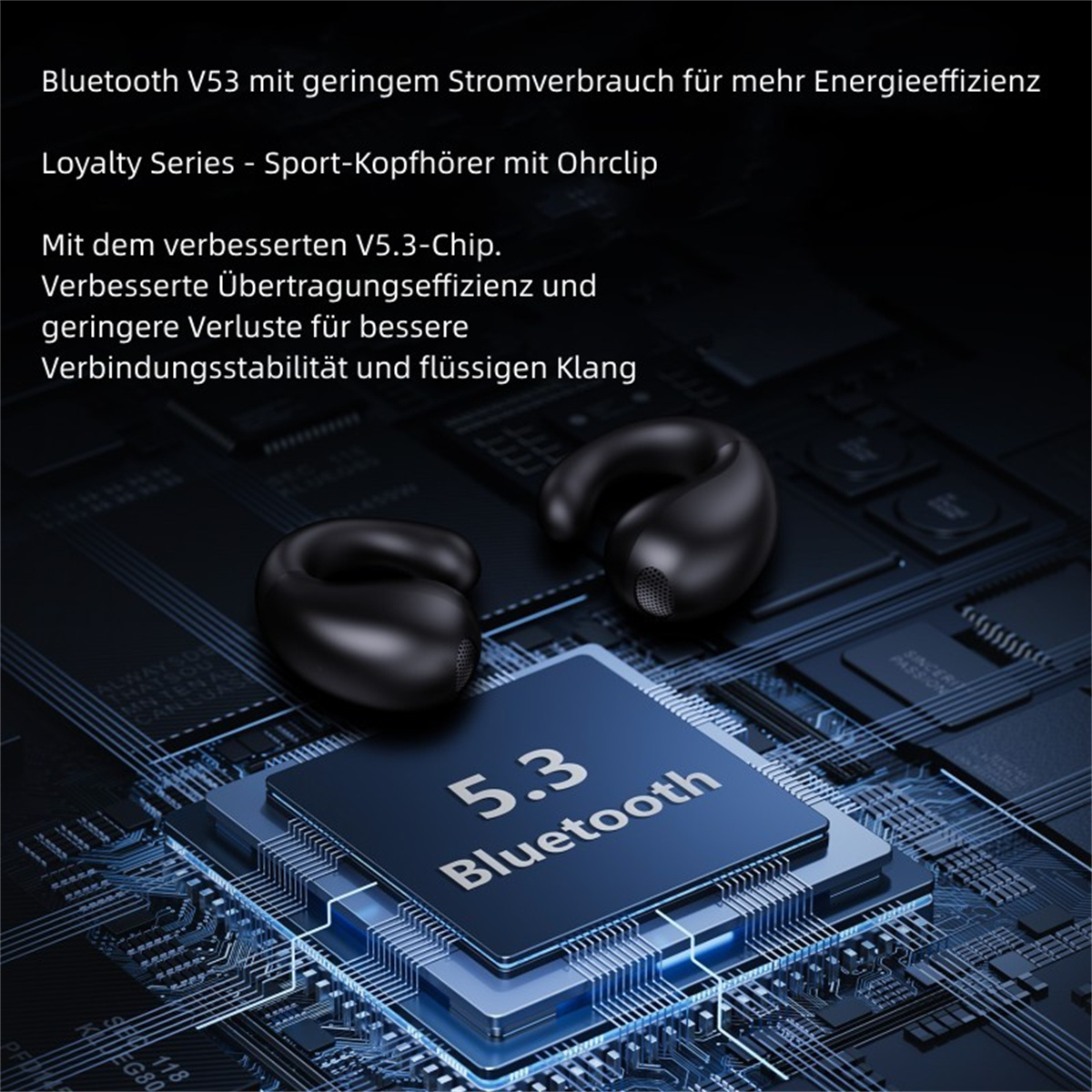 Schwarze kabellose Ohrhörer mit Bluetooth-Chip. Sie befinden sich auf einer Hauptplatine mit Text.