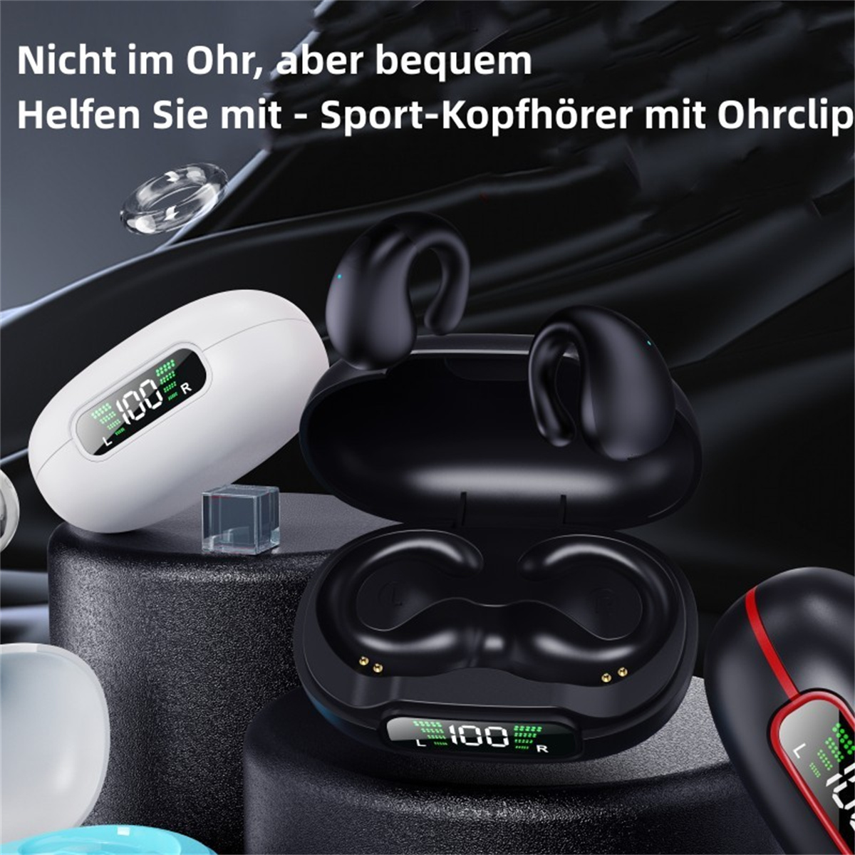 Kopfhörer und Ladegerät. Weiße und schwarze Ohrhörer in der Hülle, mit einem Bildschirm, der 100 % anzeigt. Der Hintergrund ist unscharf.