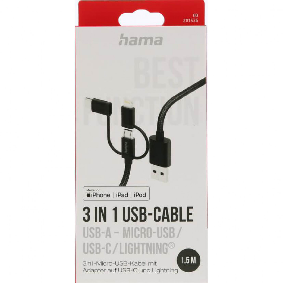 3-in-1 USB cable package. Shows USB-A, micro-USB, and USB-C/Lightning.