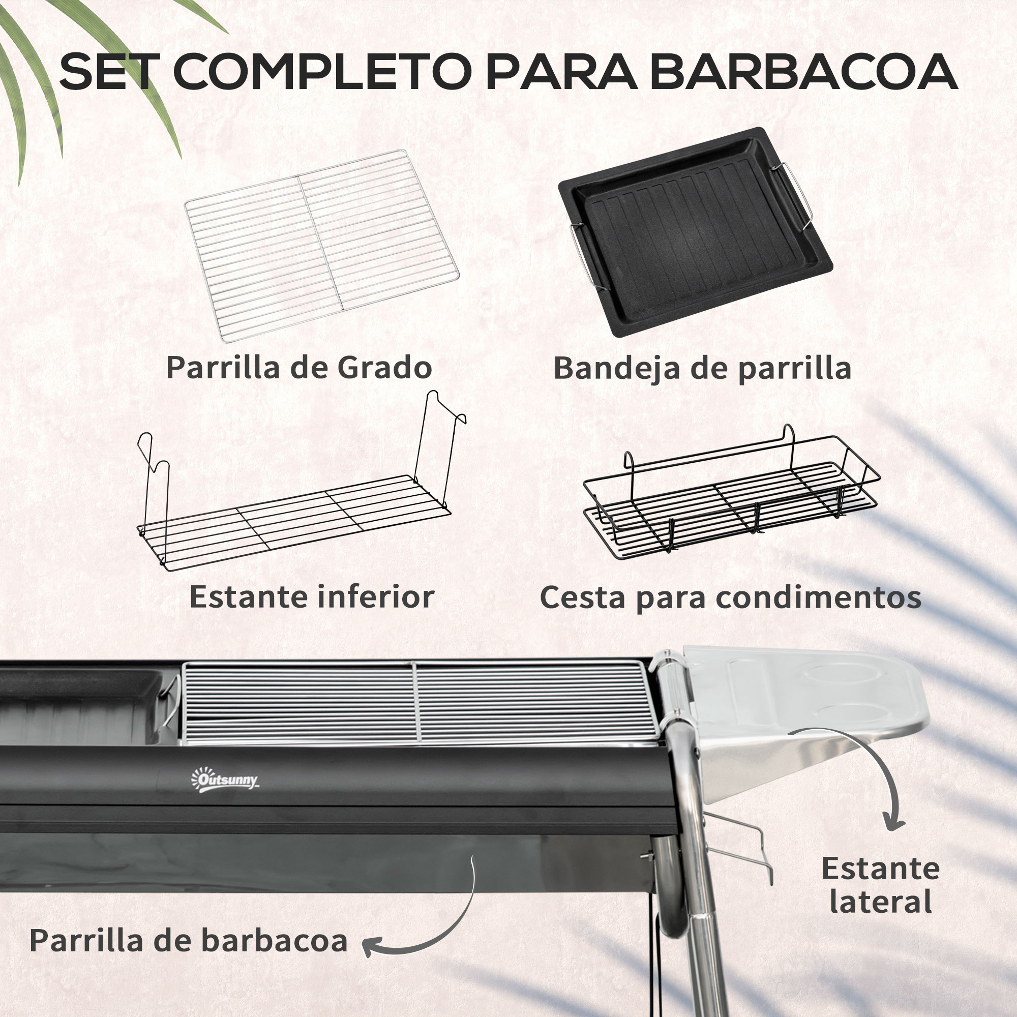 Juego de herramientas para barbacoa, que incluye una parrilla, una bandeja, un estante inferior, una cesta de condimentos y un estante lateral.