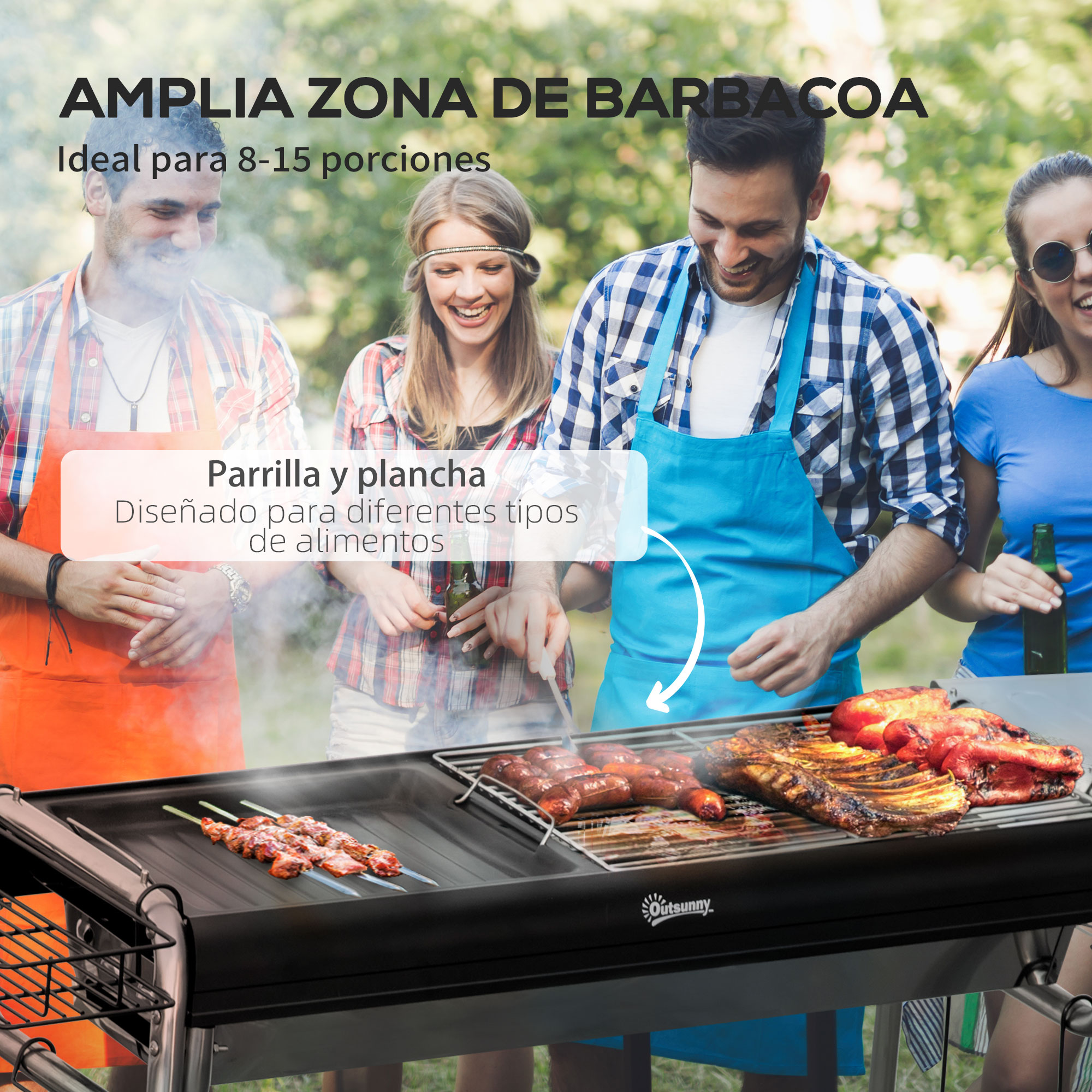 Gente asando a la parrilla. Texto: ideal para 8-15 raciones y diferentes tipos de alimentos.