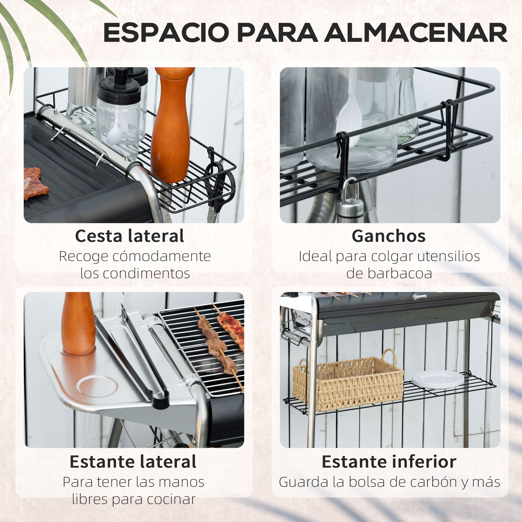Cuatro imágenes que muestran una parrilla con cestas laterales, ganchos, estante lateral y estante inferior.