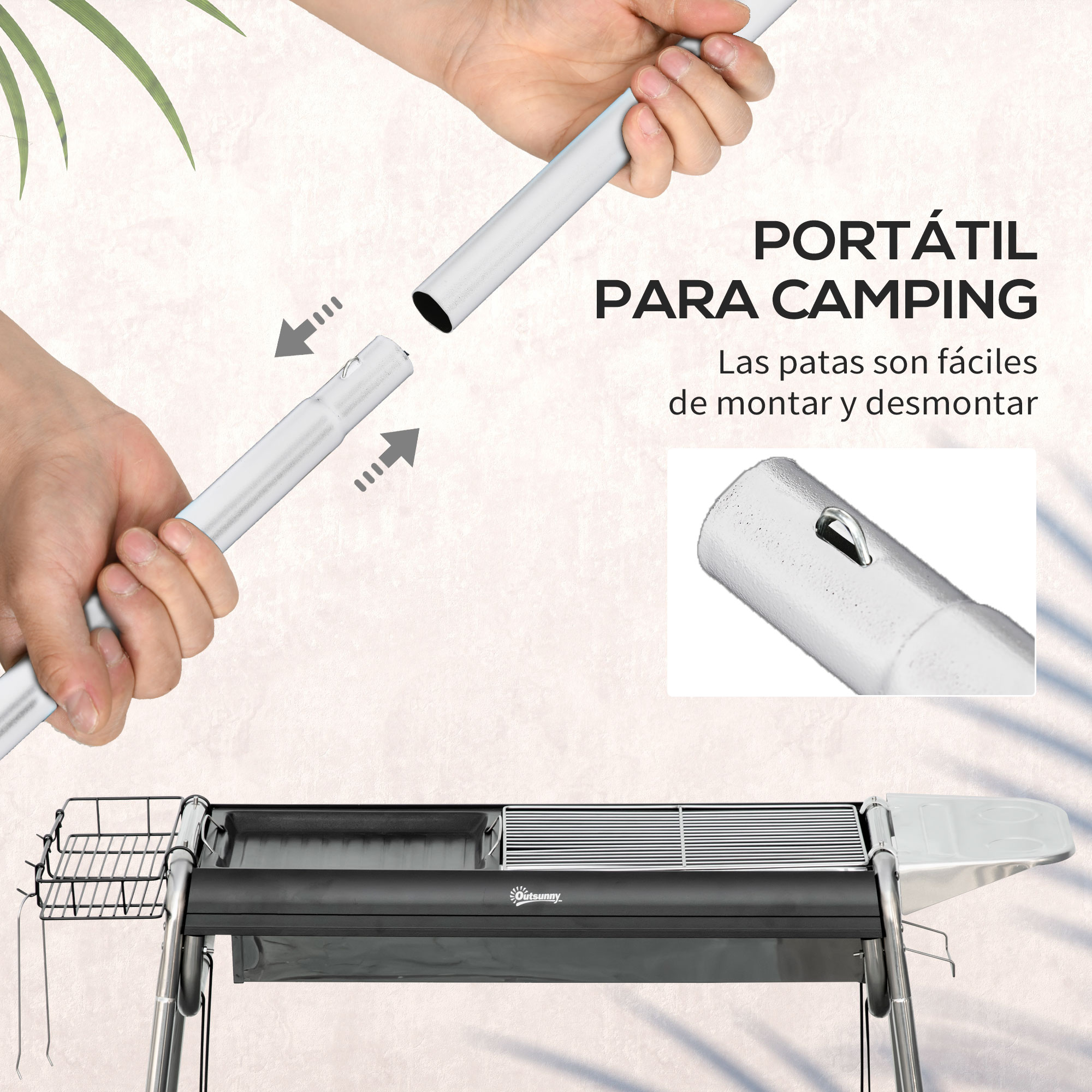Manos ensamblando un estante de camping. Texto en español sobre portabilidad y fácil montaje.