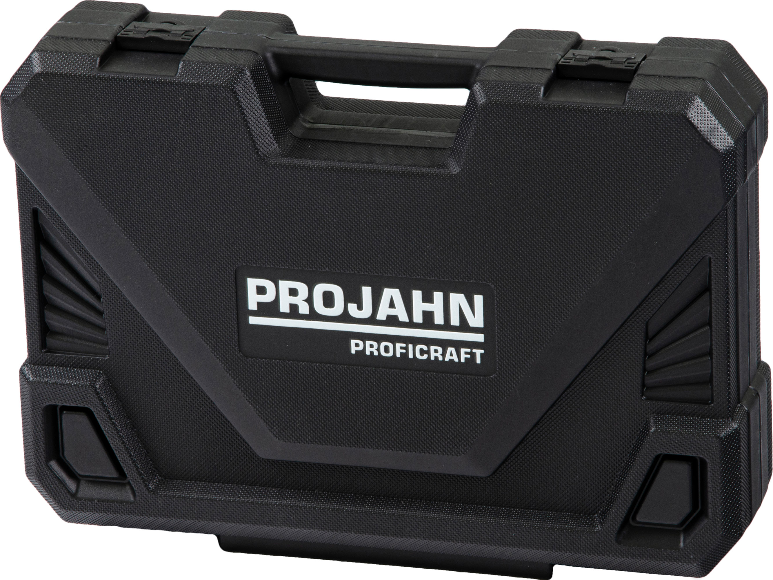 Schwarzer Kunststoff-Werkzeugkasten PROJAHN PROFIcraft mit Griff und zwei Verschlussclips.