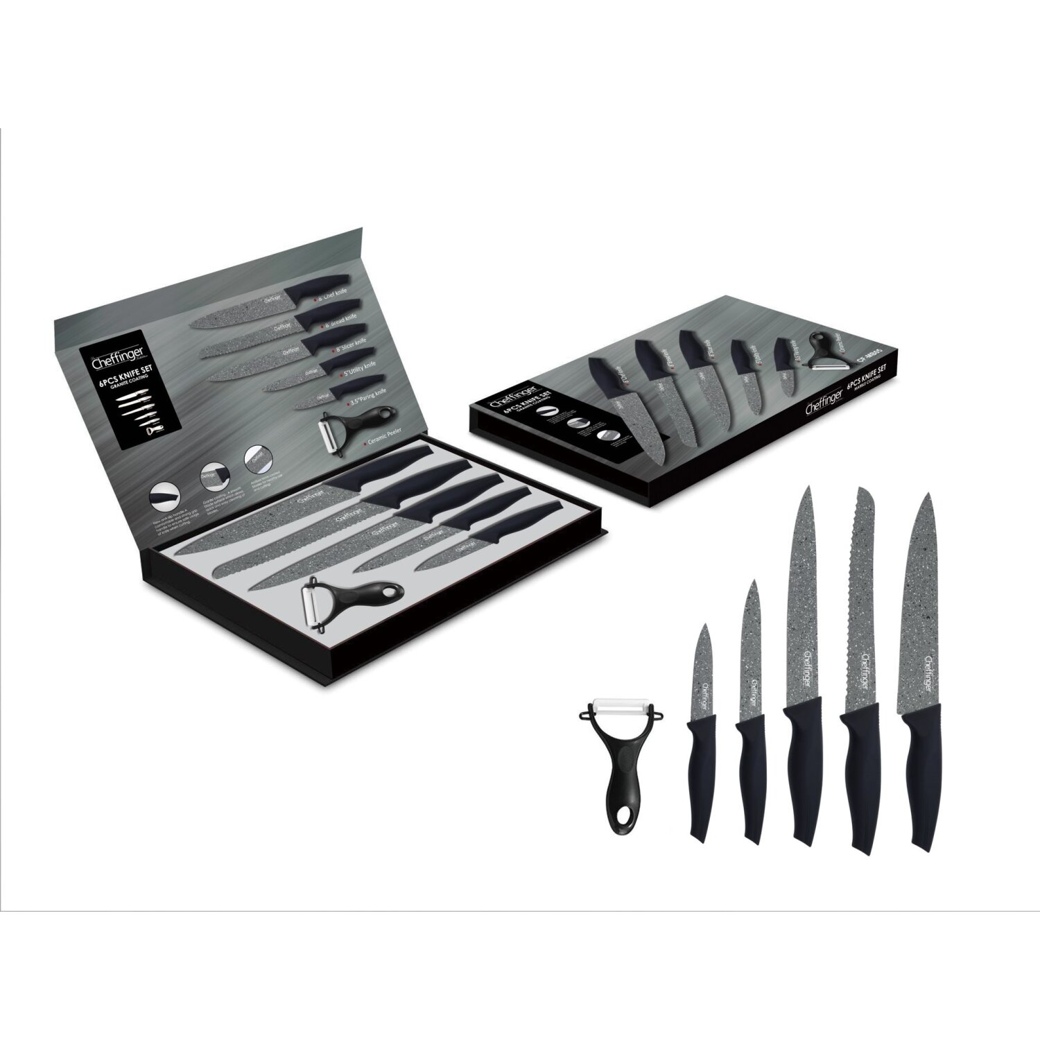 Ein Set von ChefFinger Messern in einer Box und einige einzelne Messer auf weißer Oberfläche.