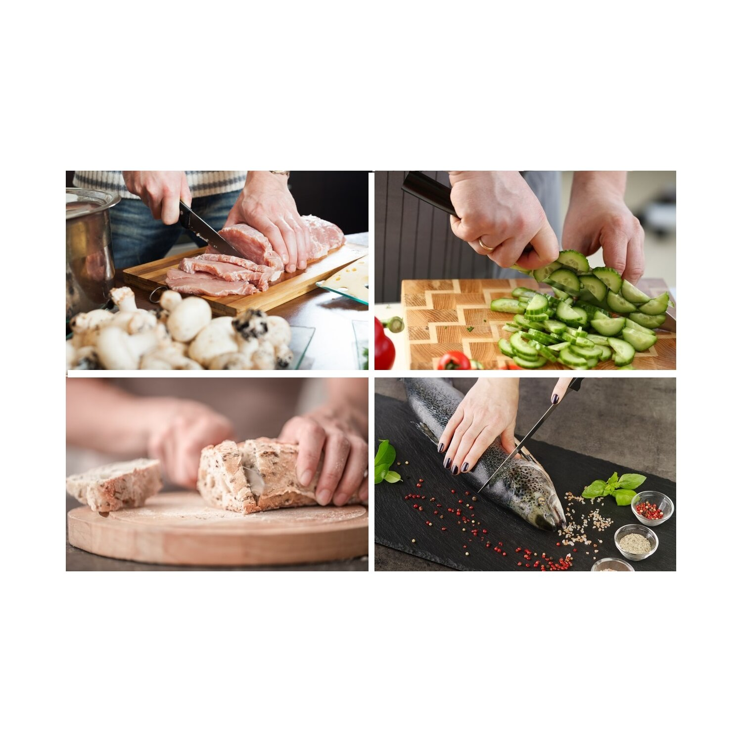 Vier Bilder, die zeigen, wie Lebensmittel auf Schneidebrettern geschnitten werden: Fleisch, Gurken, Brot und Fisch.