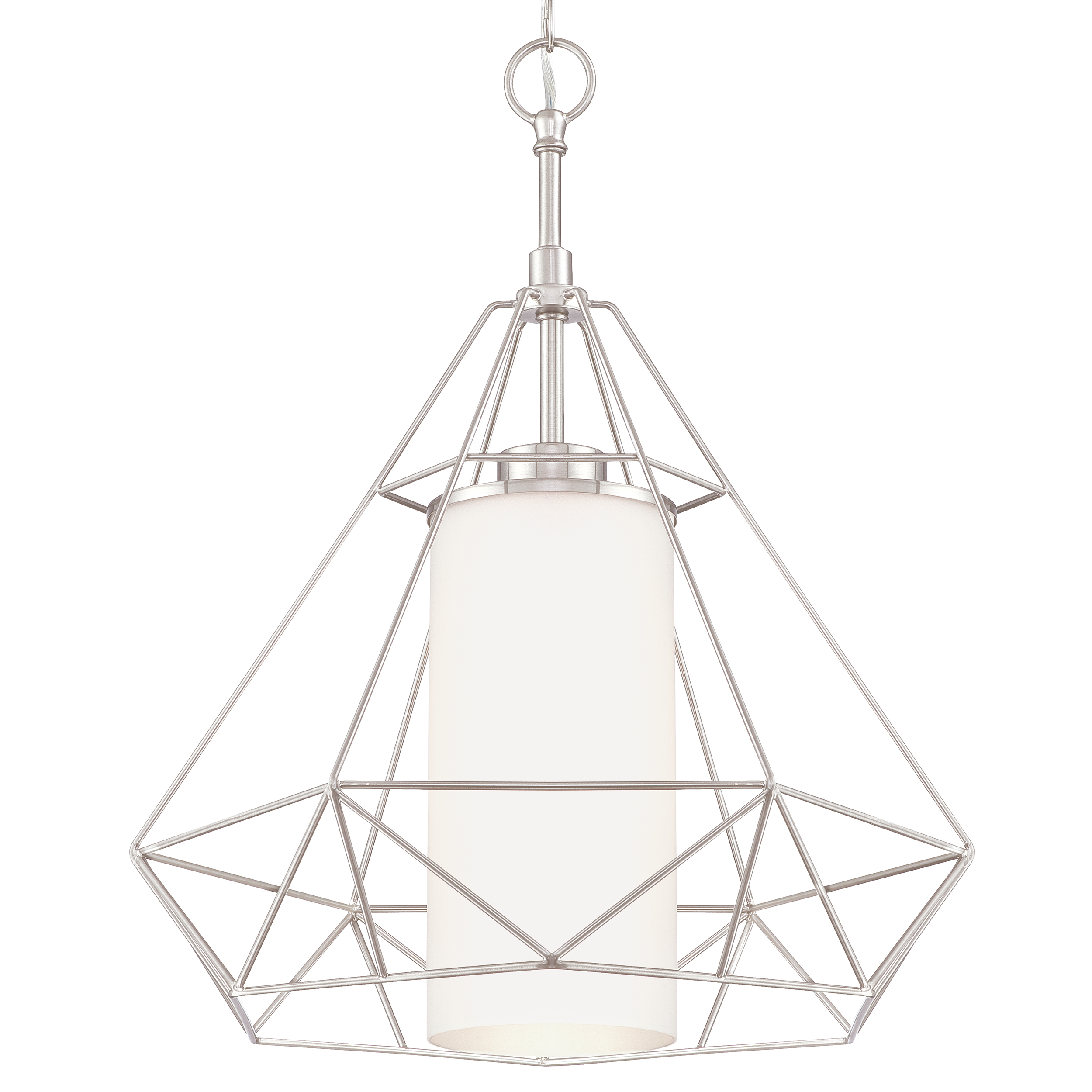 Moderne silberne Pendelleuchte mit geometrischem Käfigdesign und weißem Zylinder.