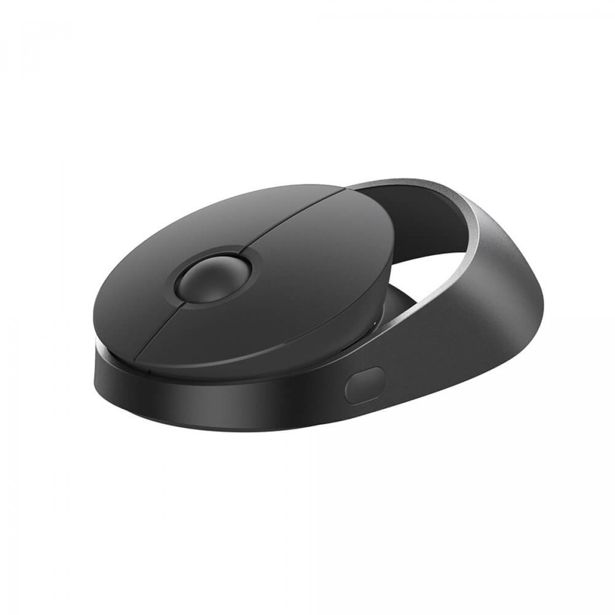 Schwarze kabellose Maus mit Ladestation. Die Maus ist oval, die Basis hat ein geschwungenes Design.
