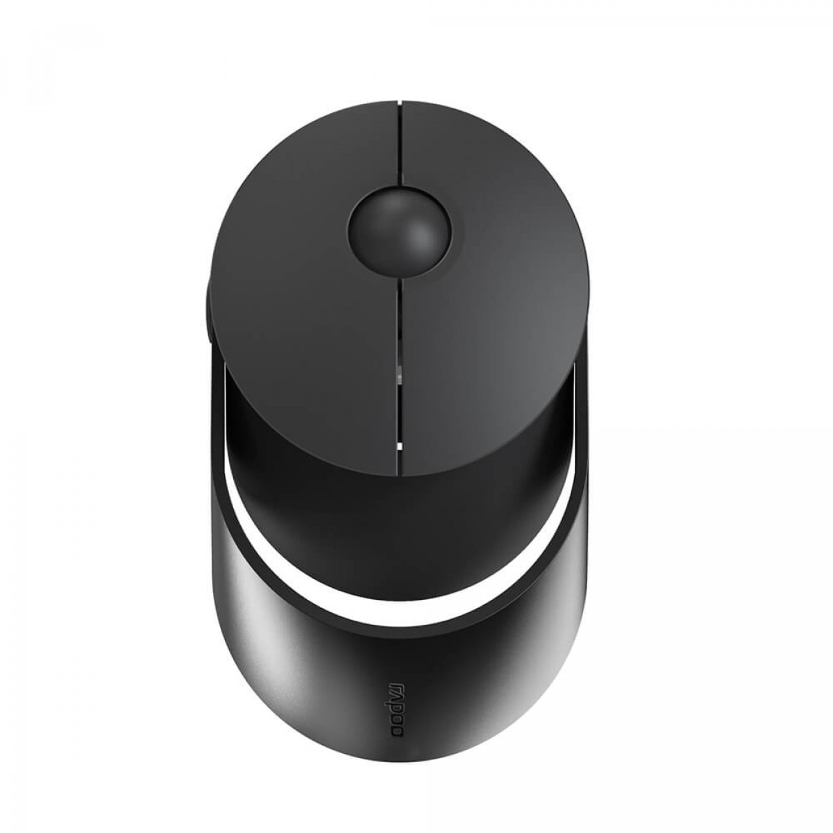 Eine schwarze Computermaus mit minimalistischem Design, Draufsicht, auf weißem Hintergrund.
