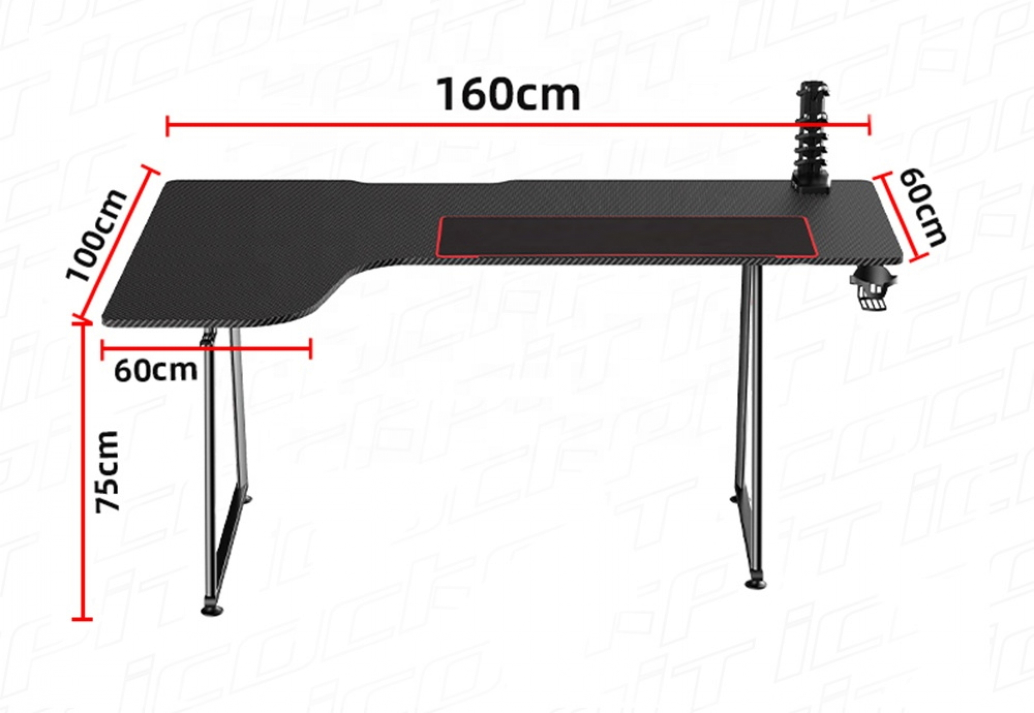 Schwarzer Gaming-Schreibtisch. Maße: 160 cm lang, 100 cm tief, 75 cm hoch. Rotes Mauspad.