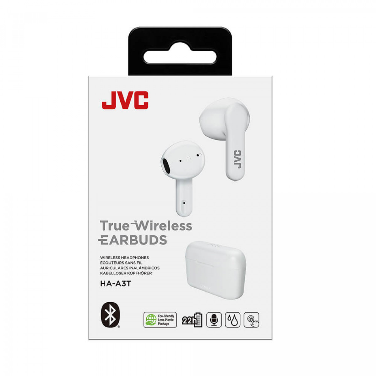 Pudełko z białymi słuchawkami. Tekst: 'JVC True Wireless Earbuds'. Widoczne słuchawki i etui ładujące.