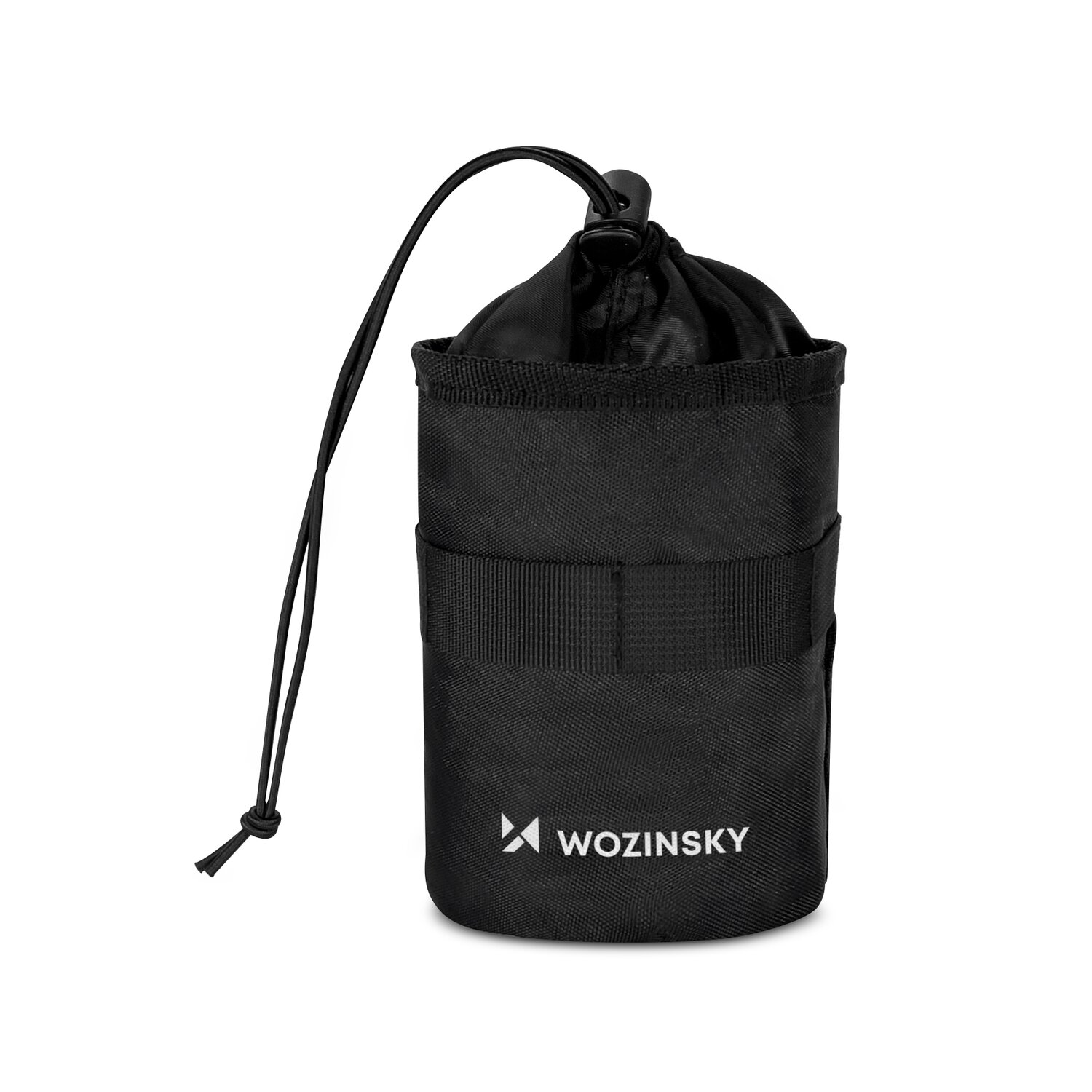 Schwarzer Wozinsky-Objektivbeutel mit Kordelzugverschluss und Logo.