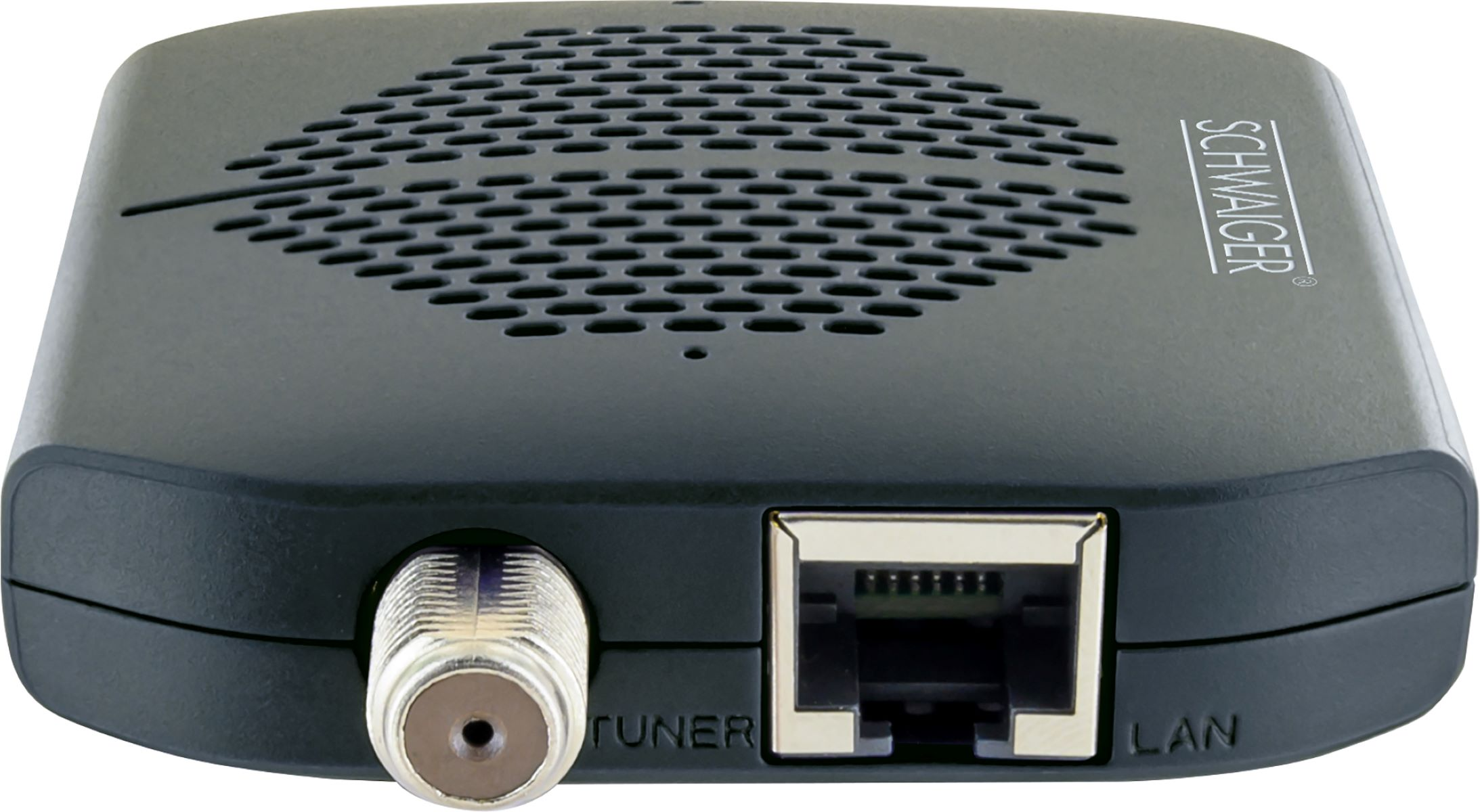 Kleiner, schwarzer Netzwerk-Tuner mit Antenneneingang und LAN-Ausgang.