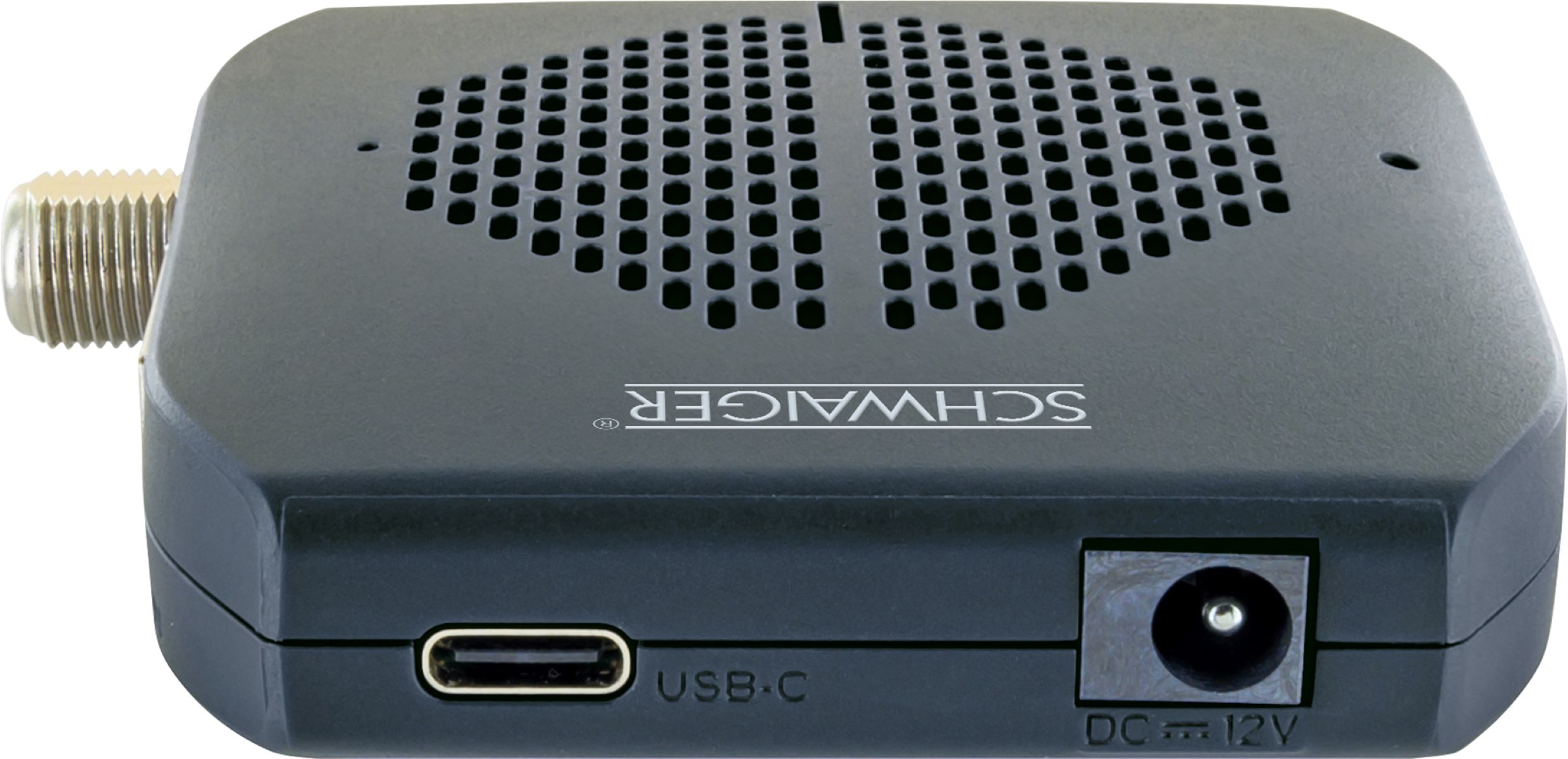 Ein kleines schwarzes Gerät mit USB-C-Anschluss, Stromanschluss und einem gitterbedeckten Lüftungsbereich.