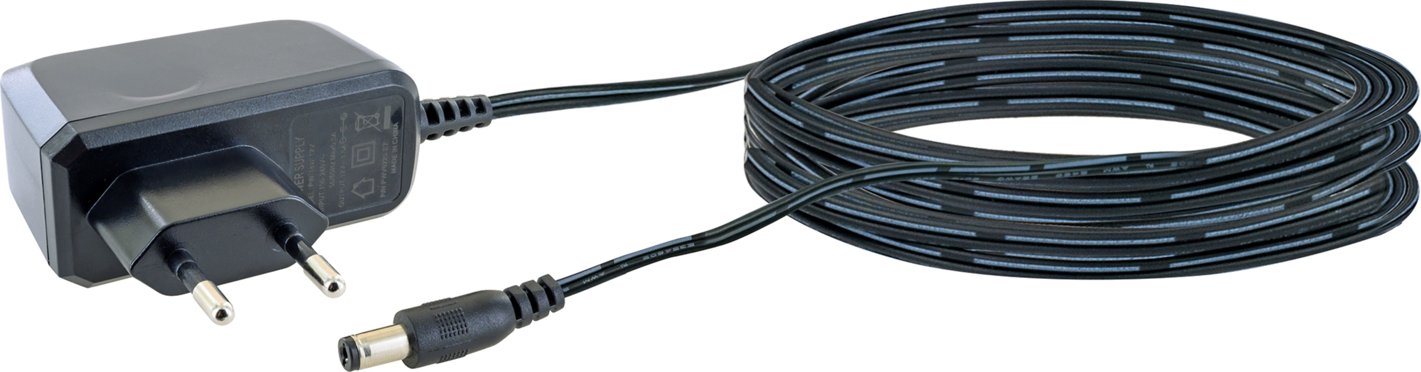Ein schwarzes Netzteil mit Eurostecker und schwarzem Kabel. Das Kabel endet mit einem DC-Stecker.