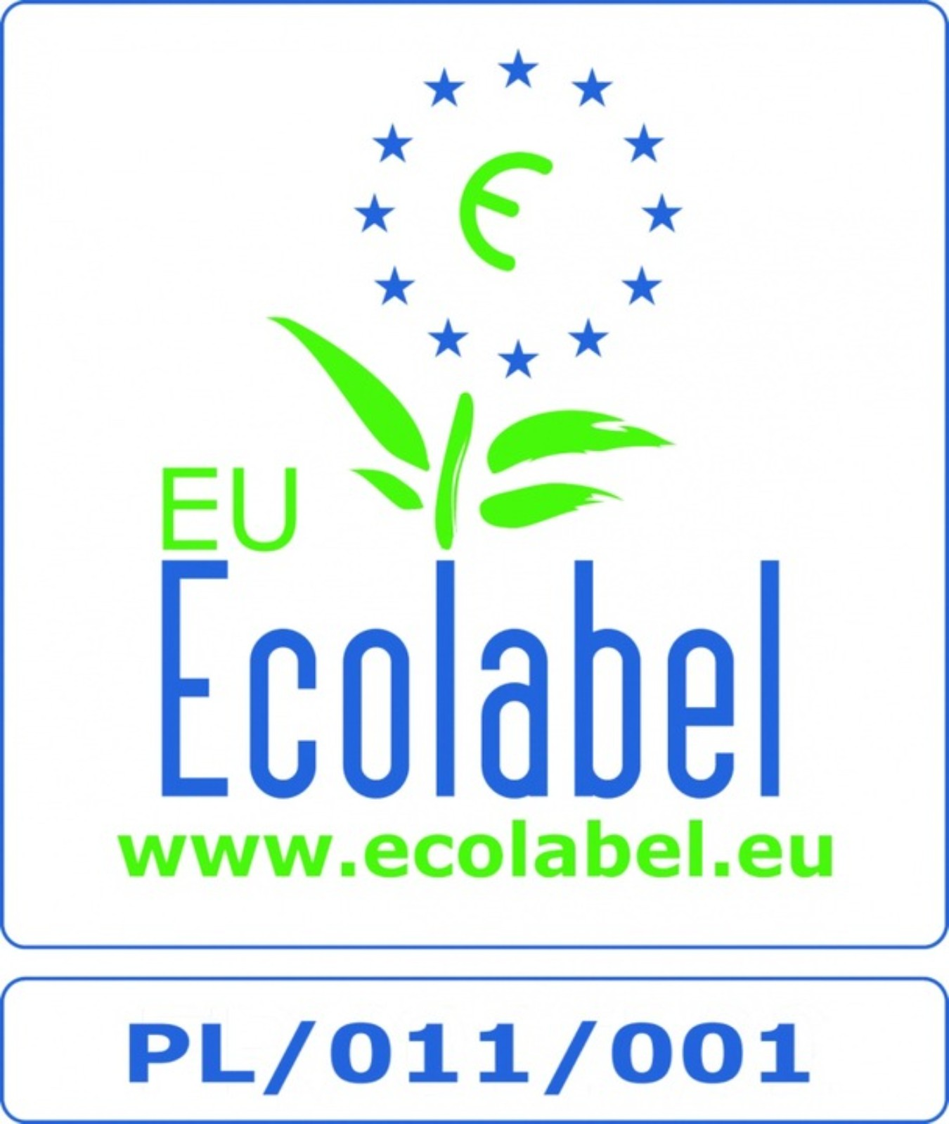 EU Ecolabel Logo. Weißer Hintergrund, blauer Rand, grüne Blätter, blaue Sterne und Text.