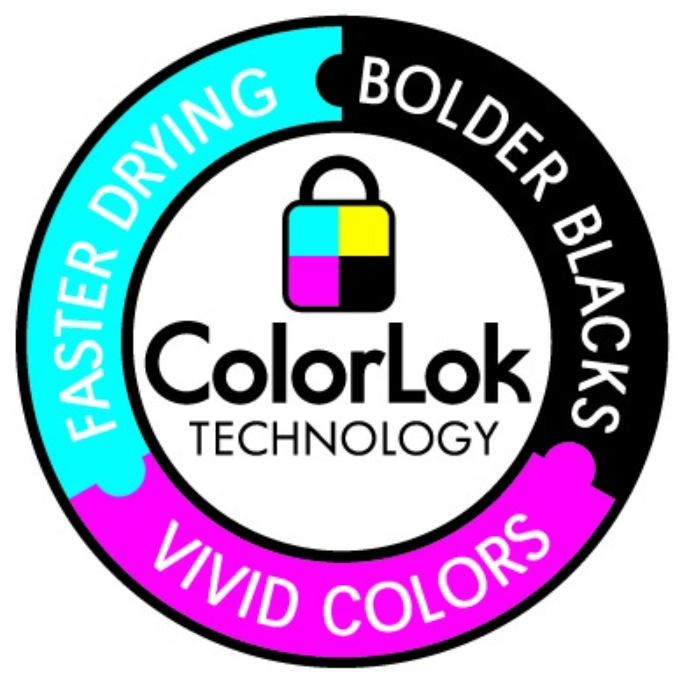 Kreisförmiges Logo mit ColorLok-Technologie. Es hat Text und ein farbcodiertes Schloss.