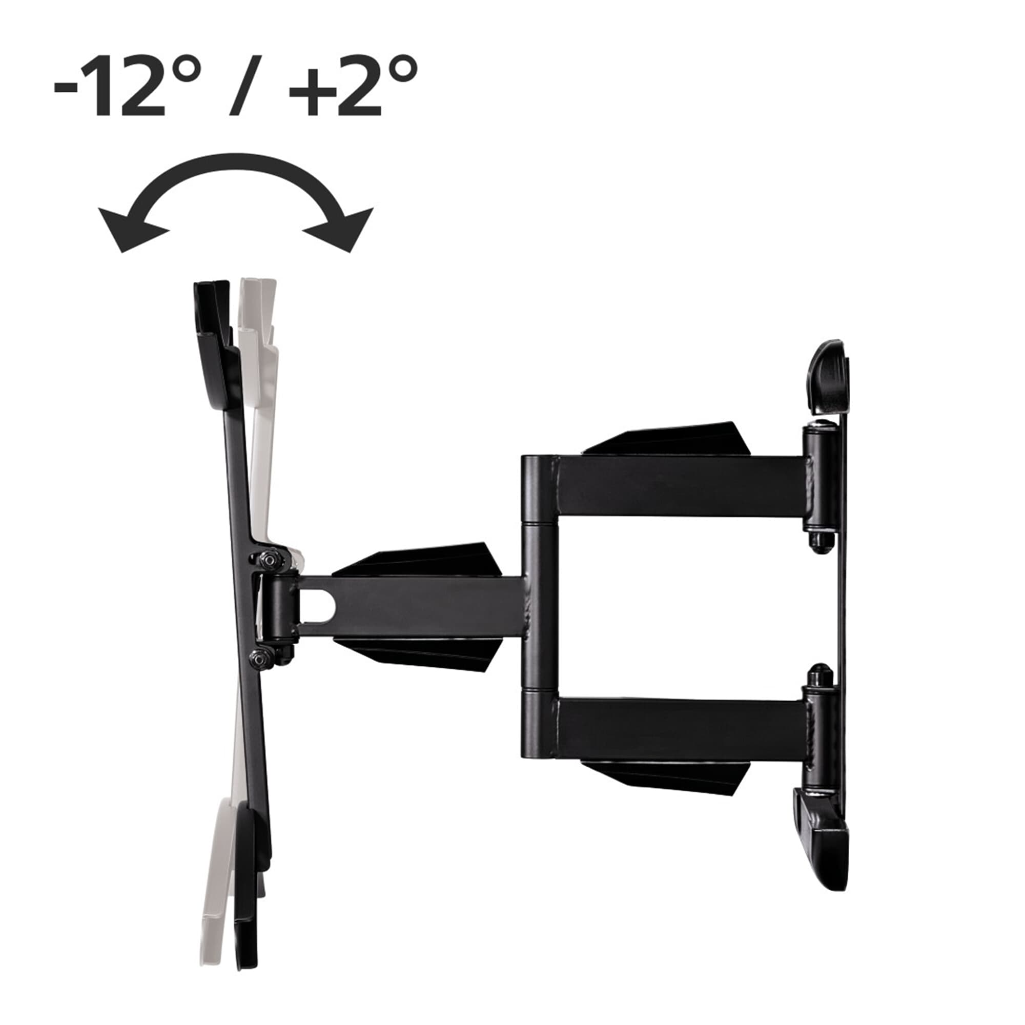 Soporte de pared para TV negro, ajustable, con flechas que indican el rango de inclinación.
