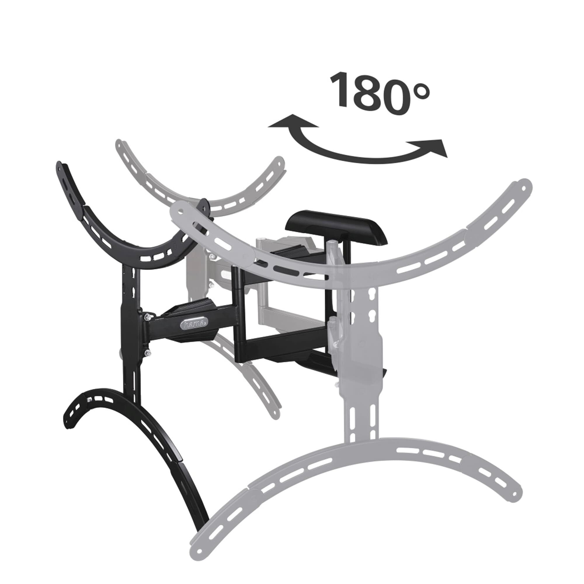 Soporte de pared para TV con giro de 180 grados. Metal negro, múltiples brazos y juntas visibles.