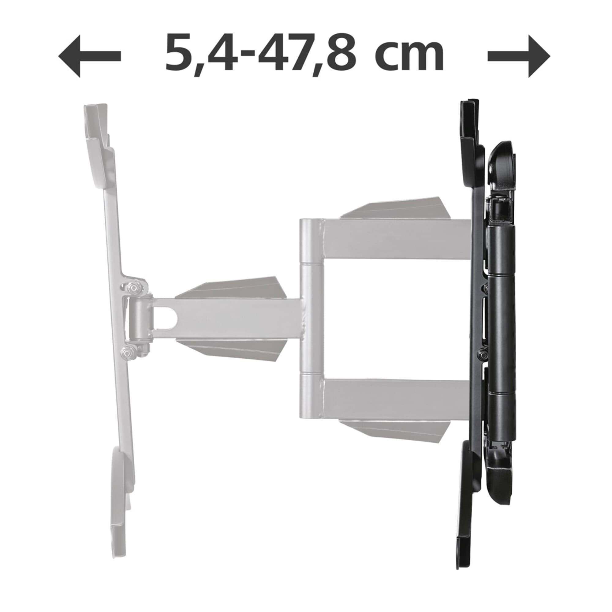 Un soporte de pared para TV, color gris, con dimensiones de 5,4-47,8 cm, mostrado en un fondo blanco.