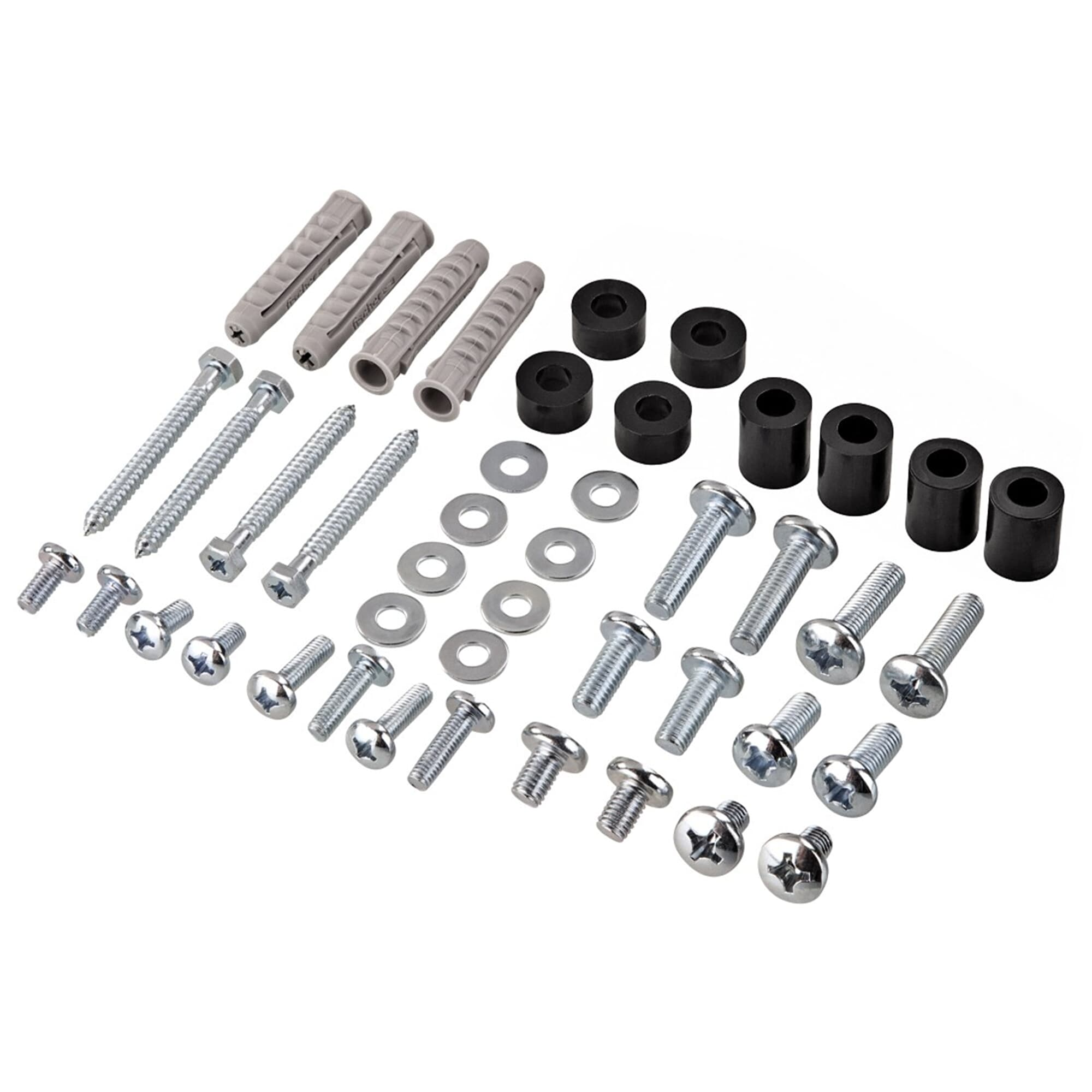 Kit de hardware con varios tornillos, pernos y arandelas sobre una superficie blanca.