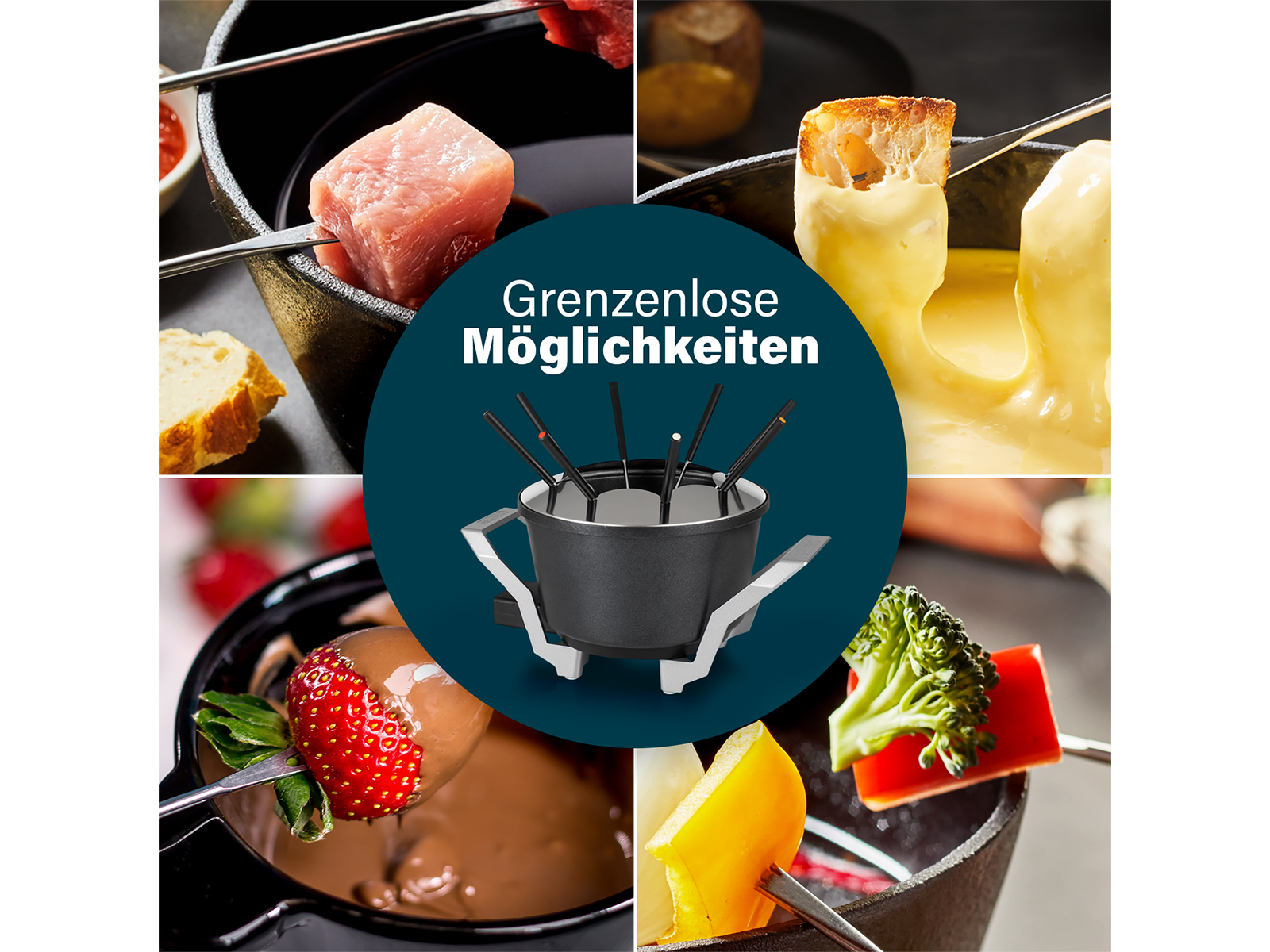 Zestaw do fondue z różnymi potrawami, takimi jak mięso, chleb i warzywa. Potrawy są na widelcach, gotowe do maczania.