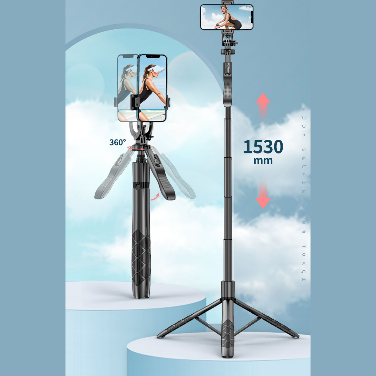 Ein Selfie-Stick mit befestigtem Telefon, ausgefahren und abgewinkelt. Der Stick zeigt Maße: 1530 mm.