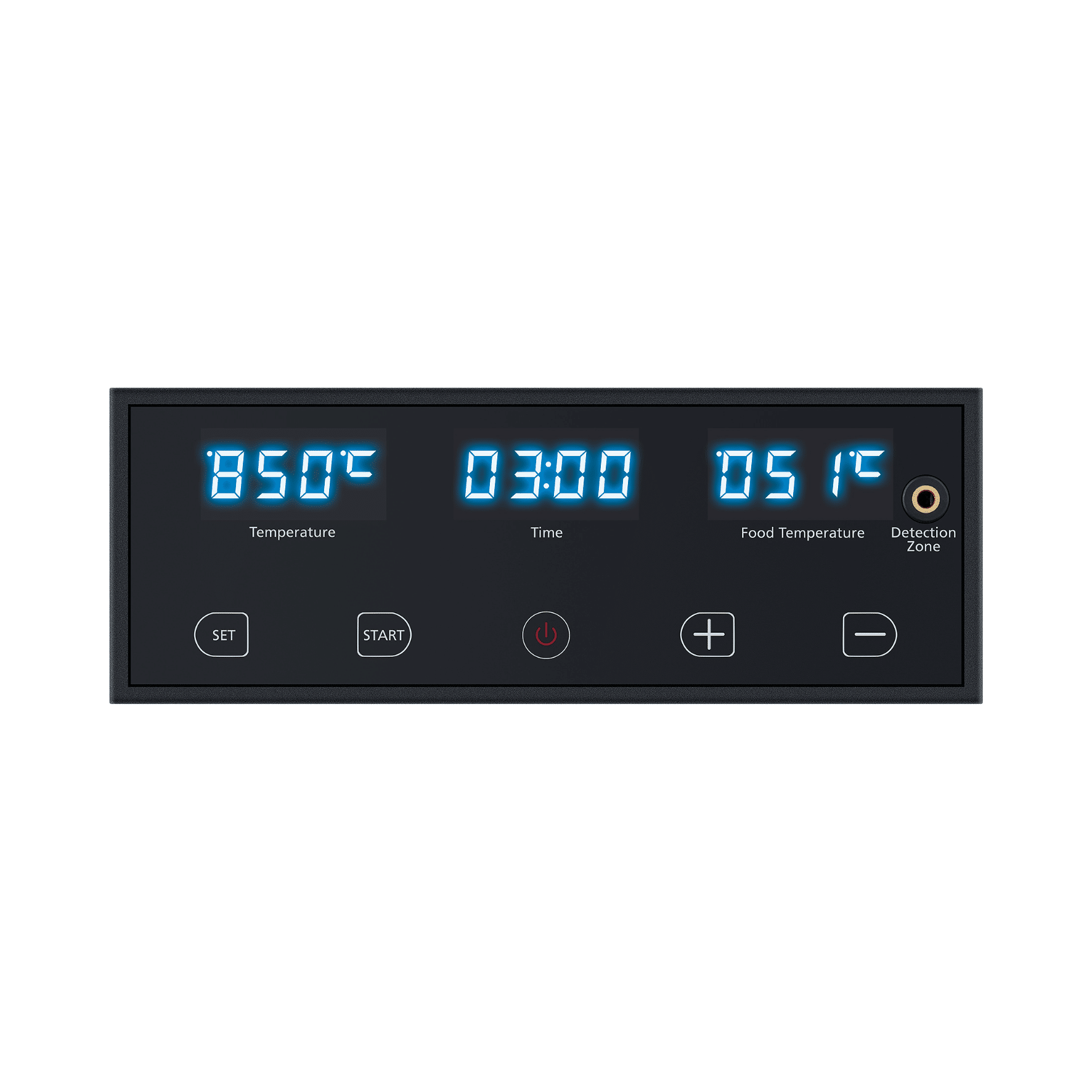 Schwarzes Digitaldisplay mit Temperatur, Zeit und Speisentemperatur. Knöpfe unten.