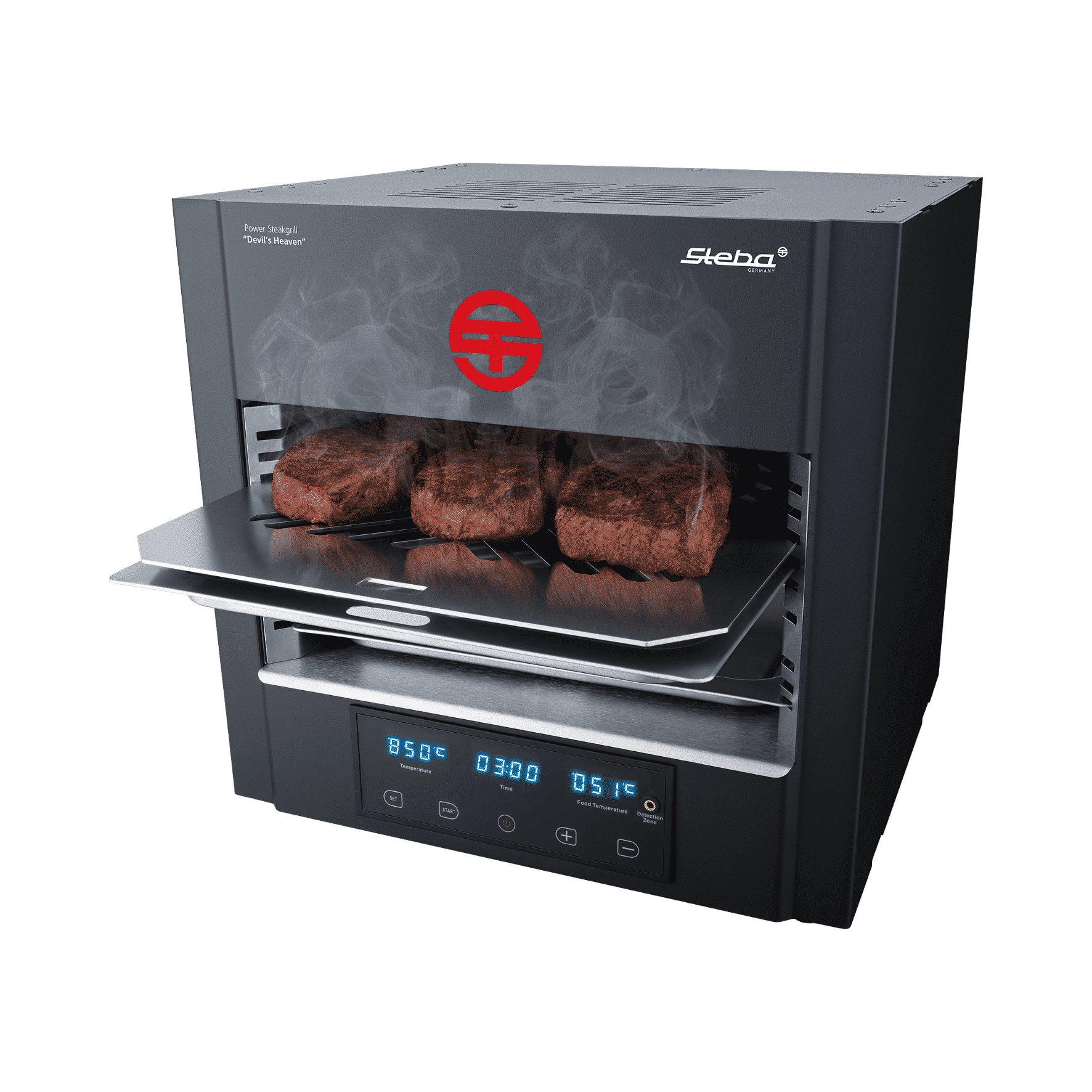 Schwarzer Ofen mit drei Steaks, Digitalanzeige und Steba-Logo auf der Vorderseite.