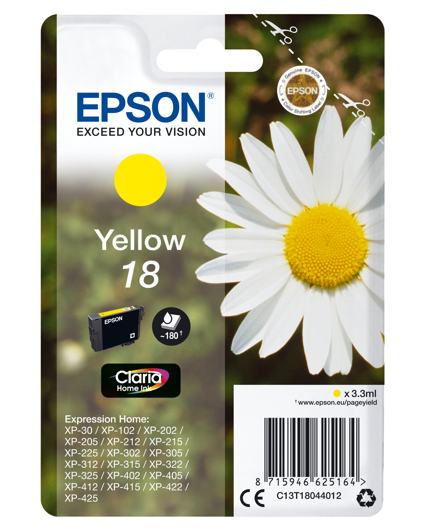Epson yellow ink cartridge packaging, with a daisy, and text.