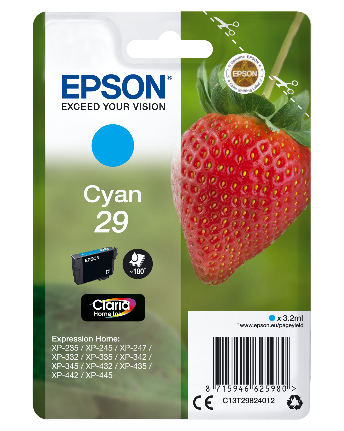 Emballage de cartouche d'encre Epson avec une fraise. La cartouche est noire et cyan. La fraise est rouge.