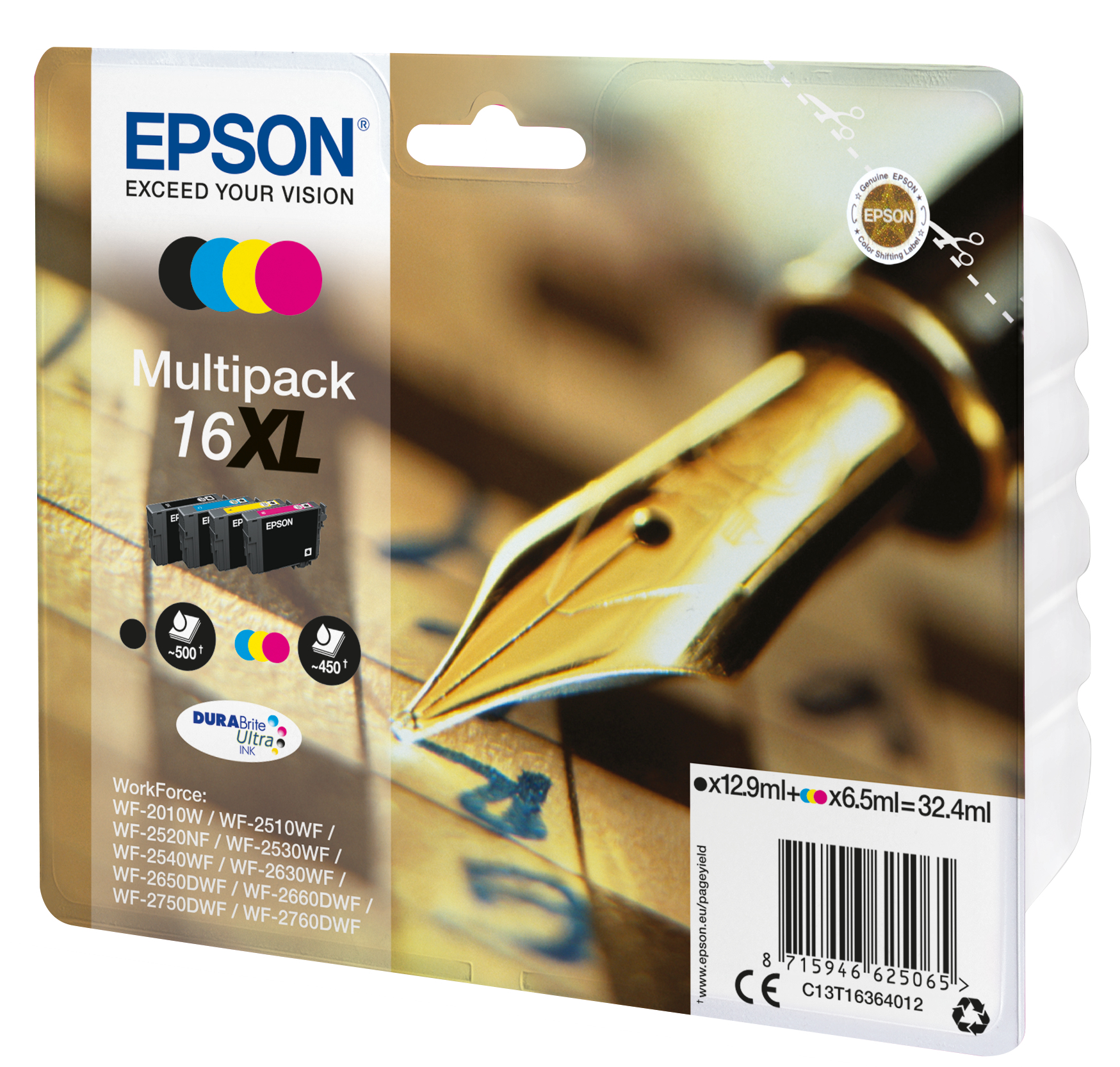 Epson multipack ink cartridges. Yellow, magenta, cyan, and black inks, with text.