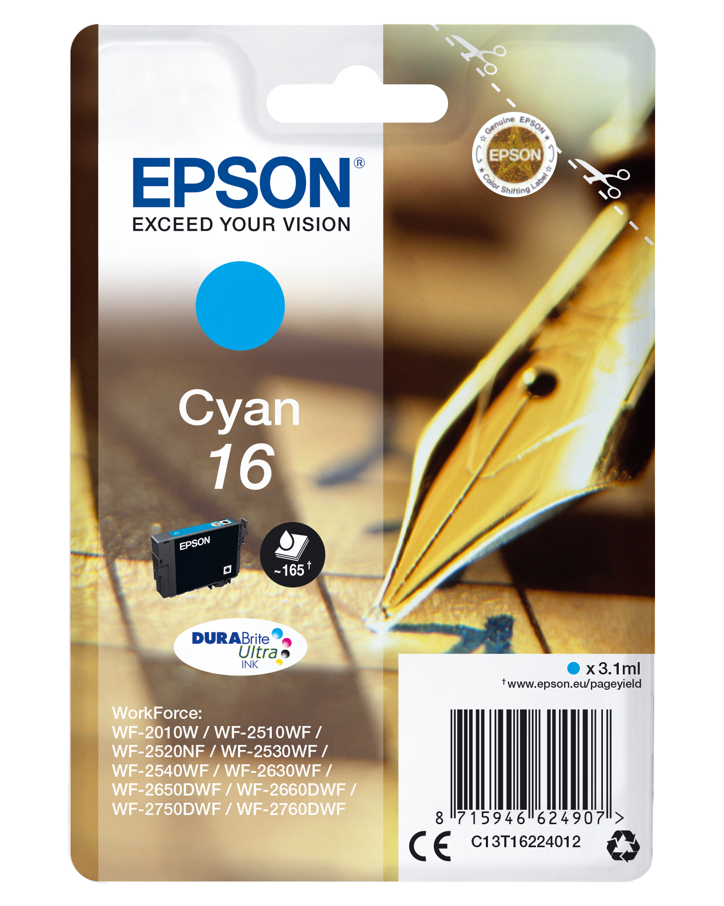 Emballage de cartouche d'encre Epson Cyan 16 avec image de stylo, encre cyan. Fond blanc.