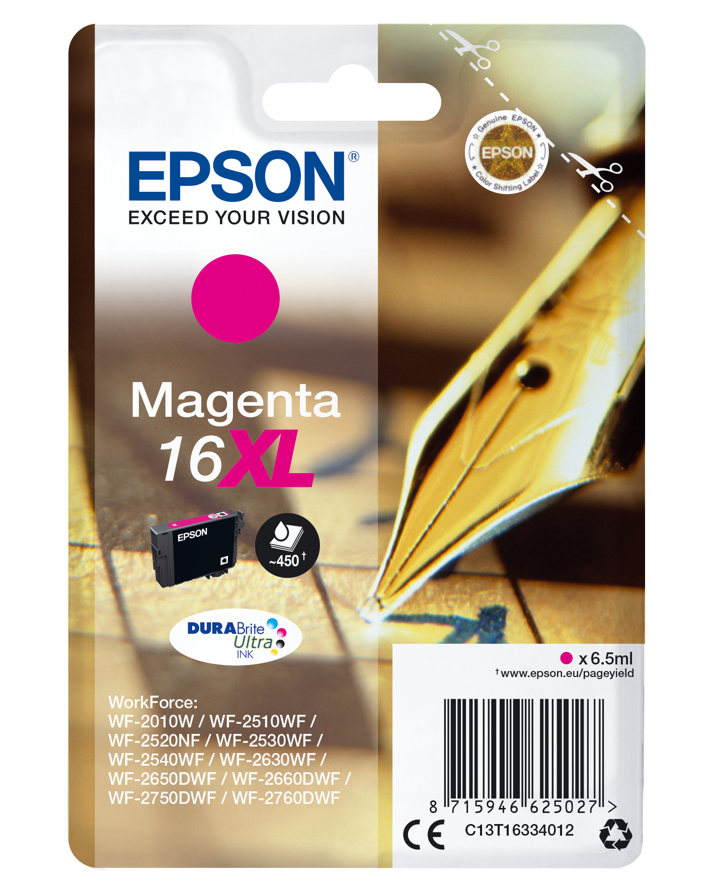 Emballage de cartouche d'encre Epson Magenta 16XL avec un stylo et la cartouche d'encre montrée.