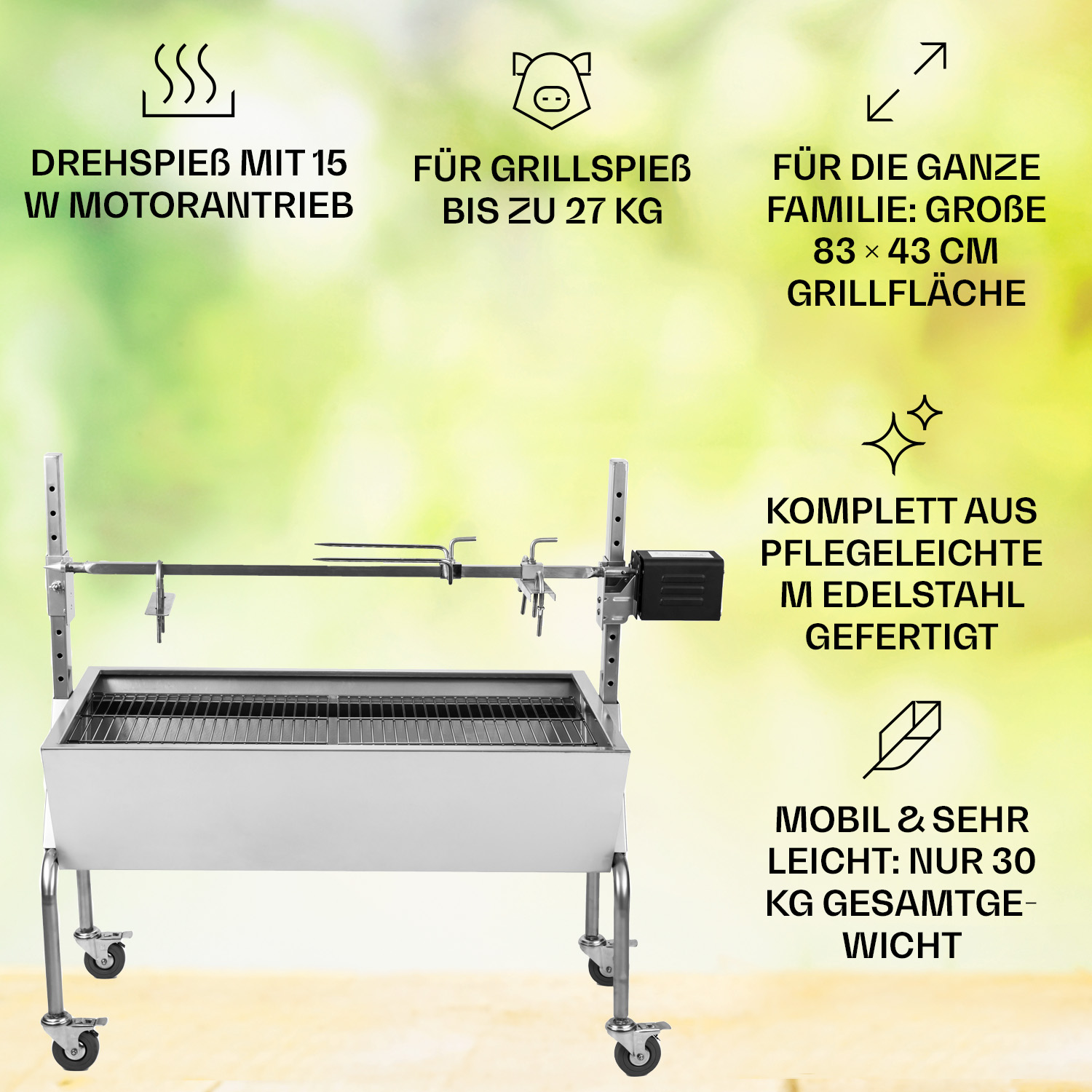 Ein Edelstahlgrill mit Drehspieß, Rädern und Text in Deutsch, der Grillmerkmale angibt.