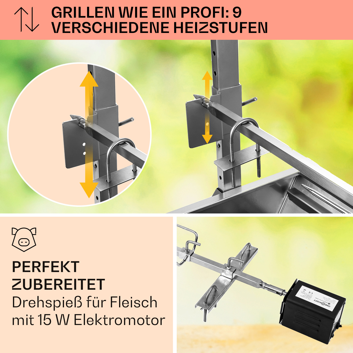 Grillaufbau mit Text. Zeigt Grill mit Drehspieß und Text über Heizstufen.