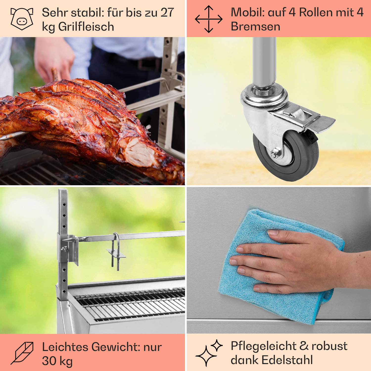 Eine Collage eines Grills mit Fleisch, einem Rad und einem blauen Tuch, mit Text zu Gewicht, Mobilität und Reinigung.