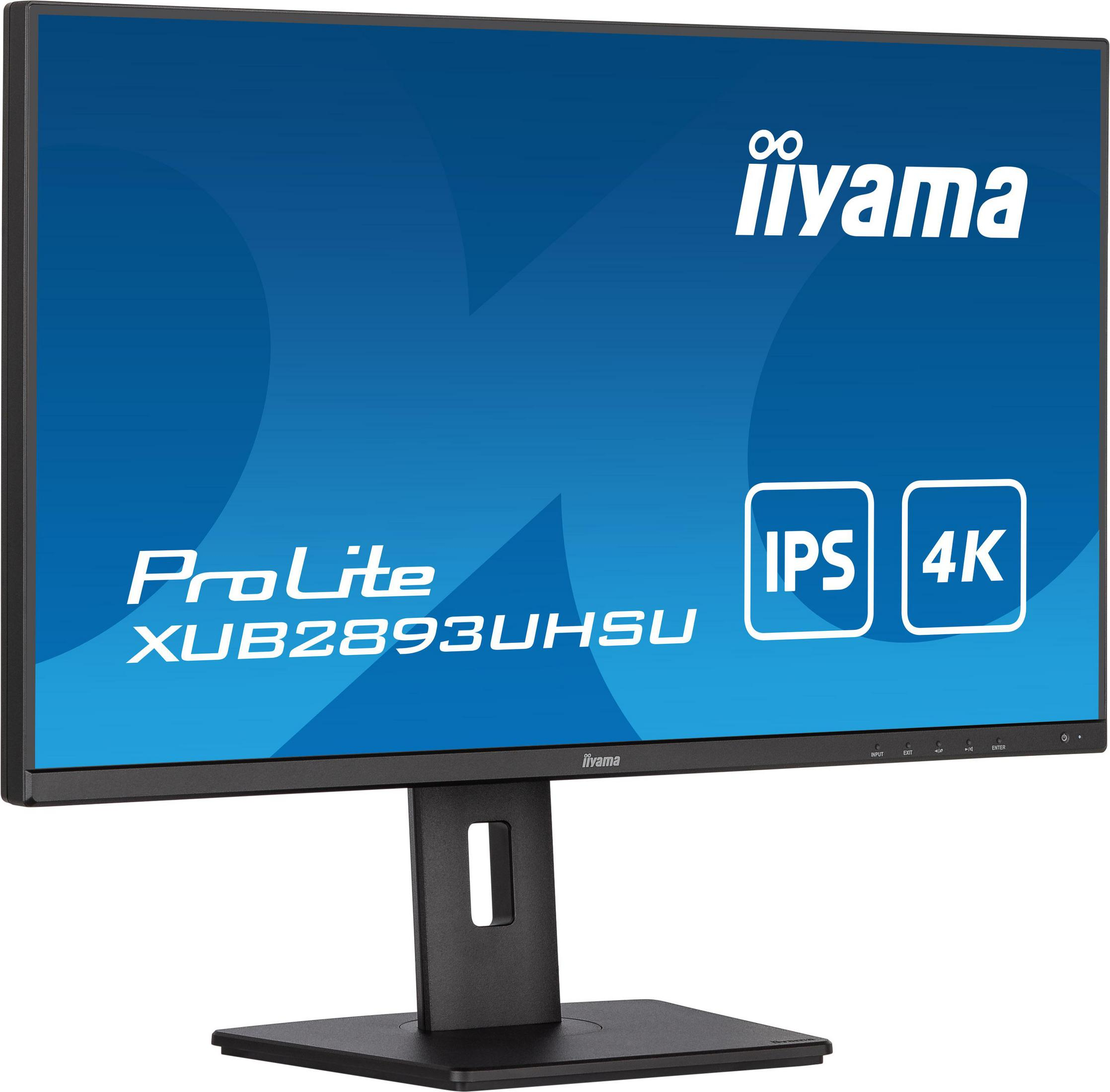 Czarny monitor iiyama ze stojakiem. Wyświetla markę, model, etykiety IPS i 4K.