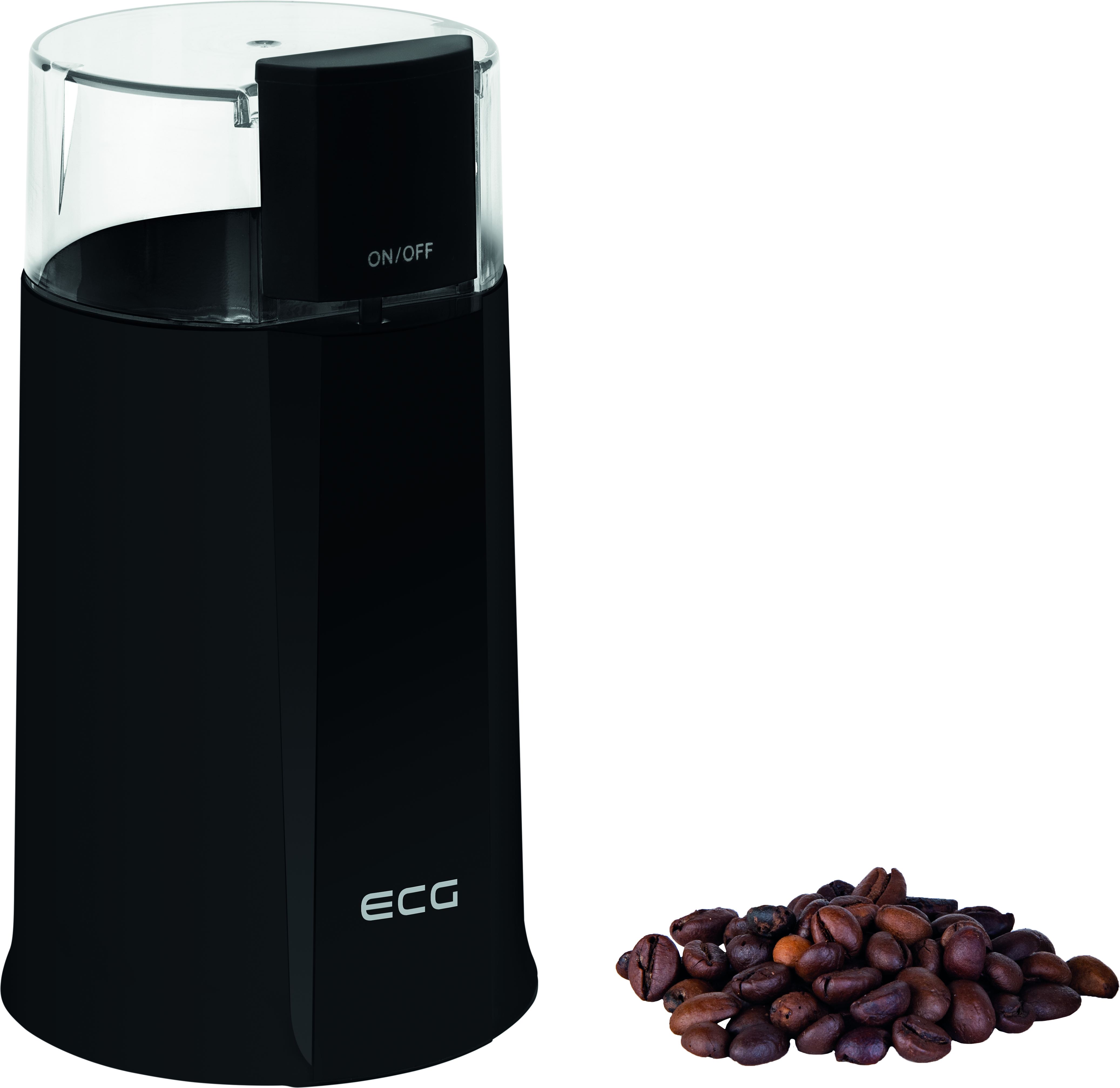 Eine schwarze Kaffeemühle mit Kaffeebohnen. Die Mühle hat einen durchsichtigen Deckel.